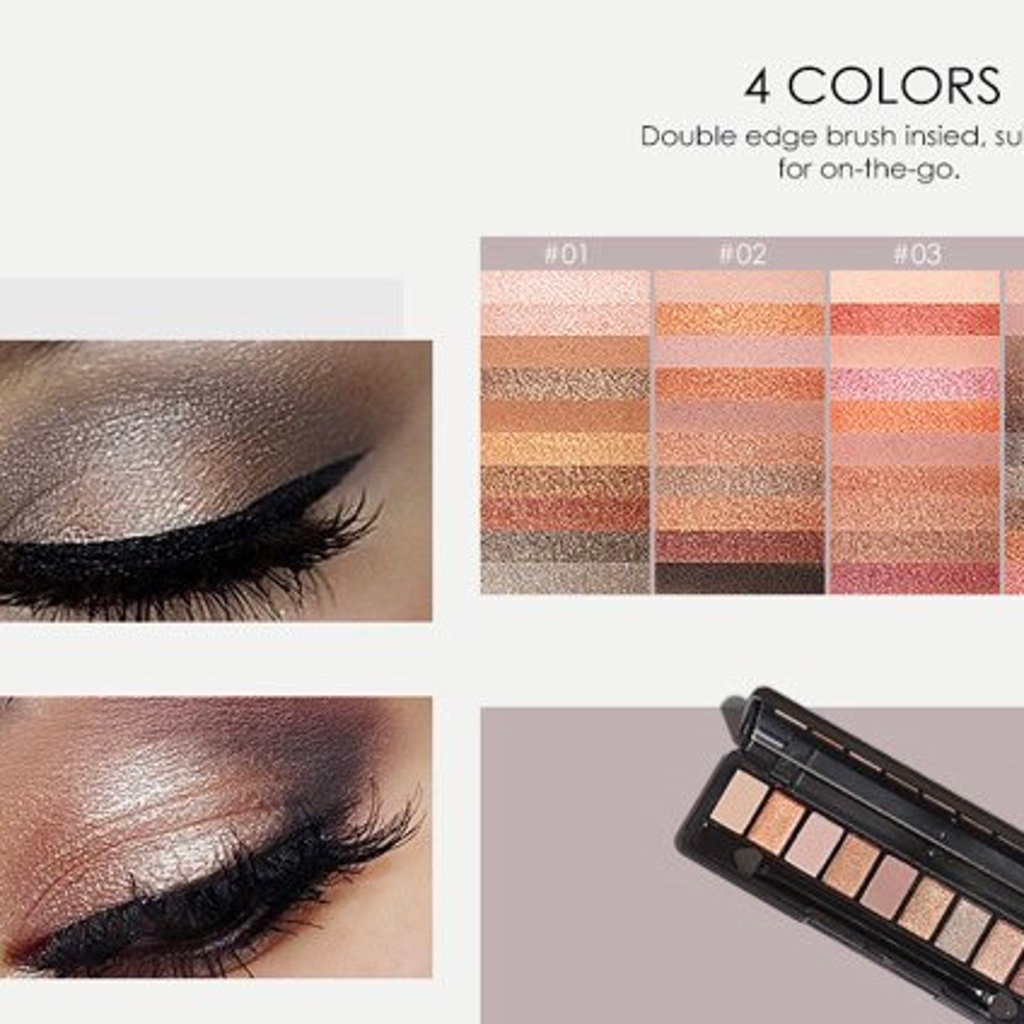 Side view of vegan eyeshadow palette showing matte and shimmer shades in neutral office-appropriate tones