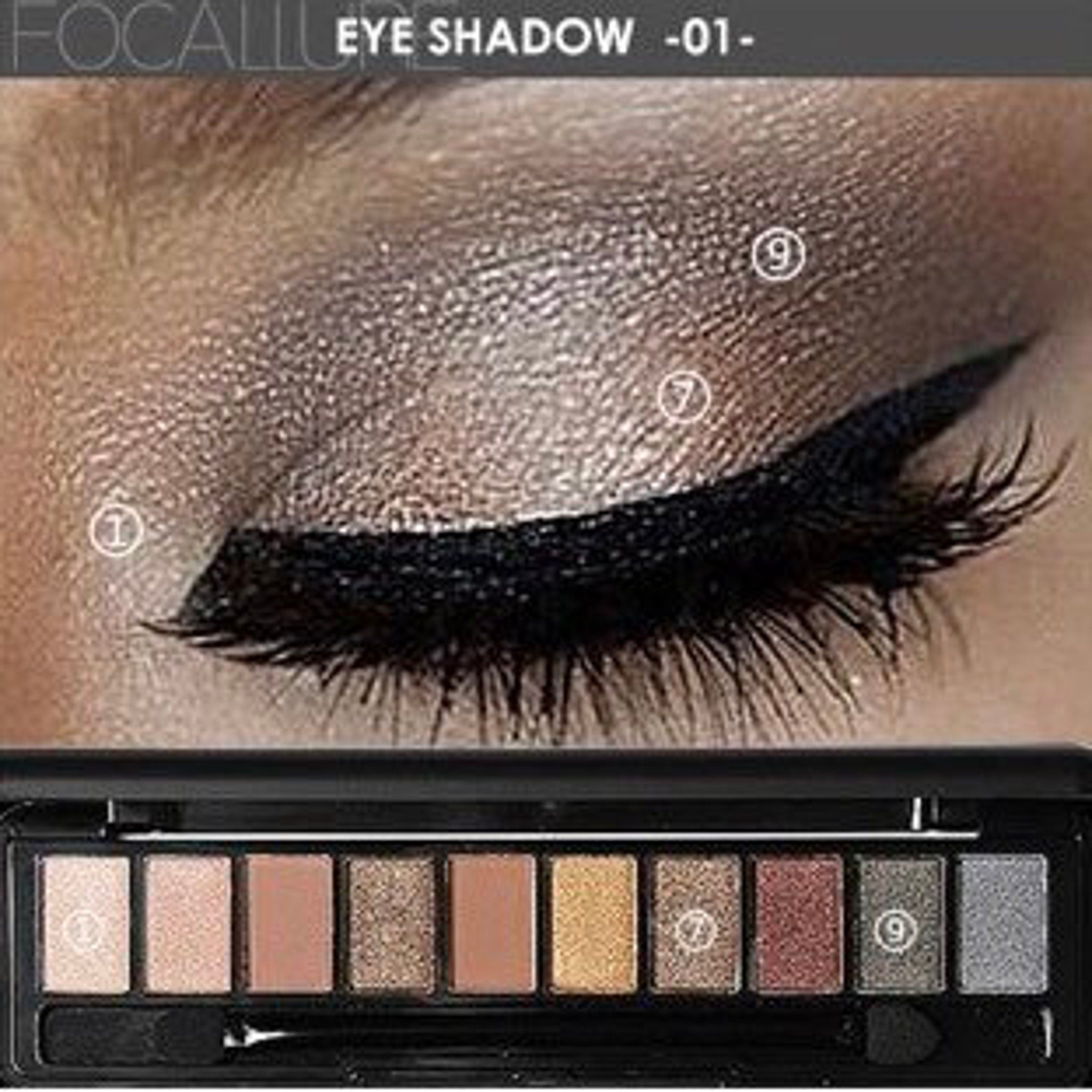Flat lay of vegan eyeshadow palette open to show matte and shimmer shades in neutral office-friendly tones