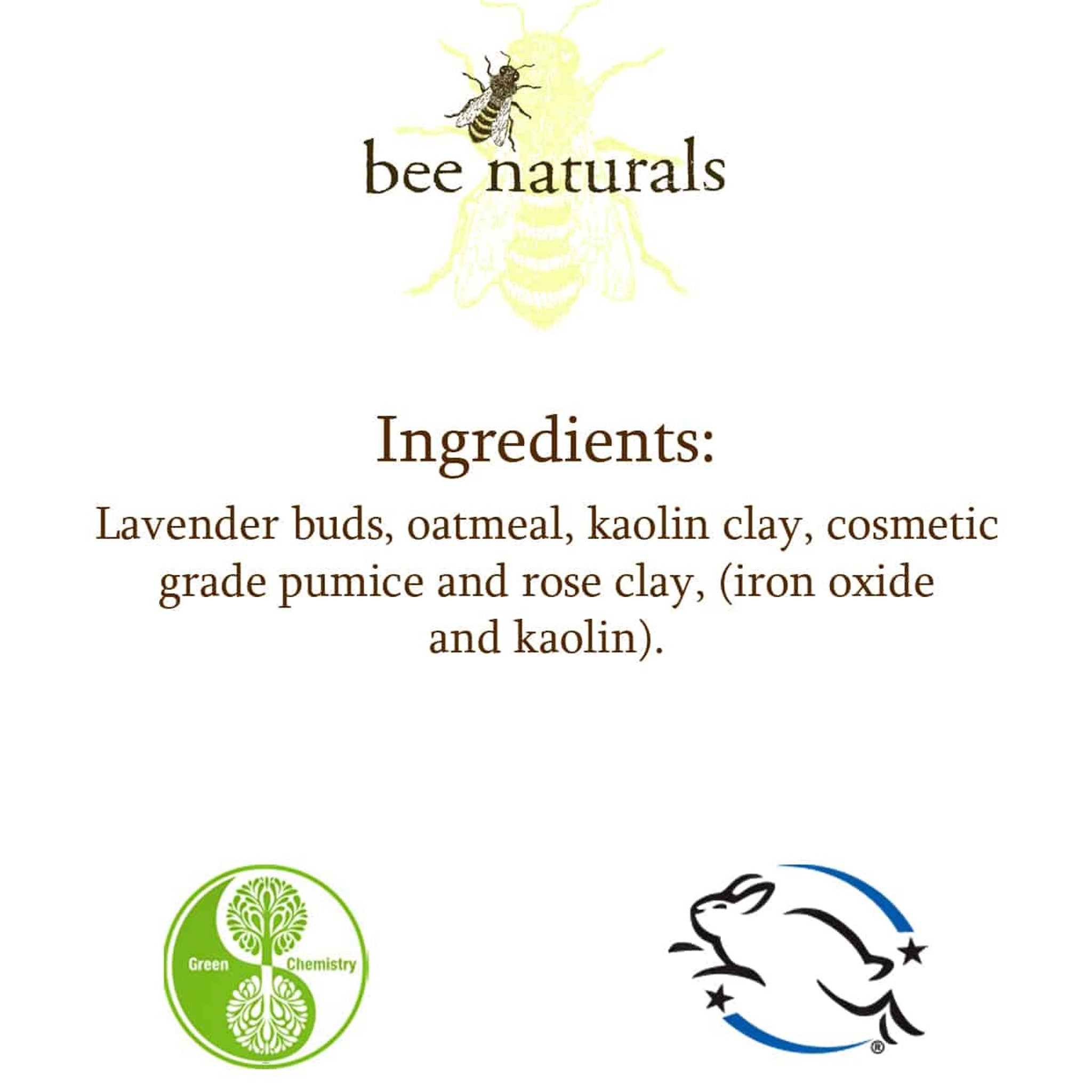 Bee naturals logo with yellow bee graphic, brown text, and white background, ingredients listed below