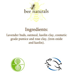 Bee naturals logo with yellow bee graphic, brown text, and white background, ingredients listed below