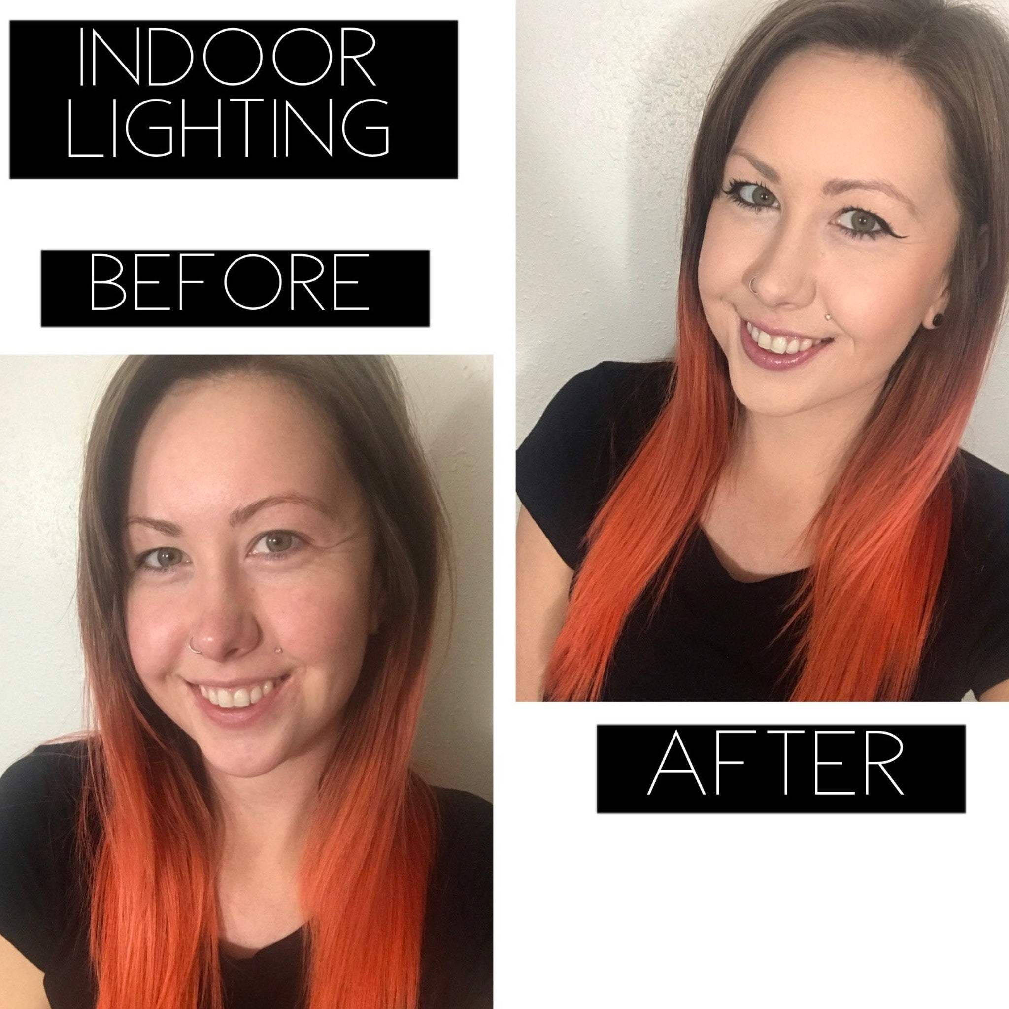 Woman with long hair, brown roots to orange ends, wearing black shirt, before and after view
