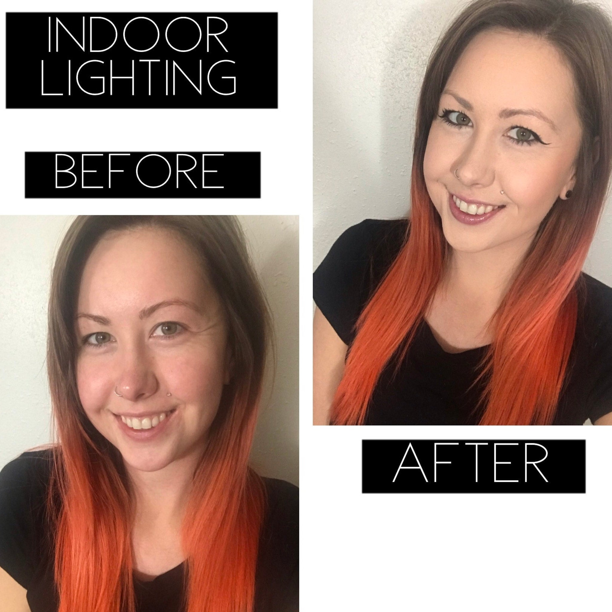 Woman with ombre orange hair and black shirt, before and after comparison under indoor lighting