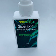 Multi-function cleanser bottle, white plastic, green and black label with NatureCares text