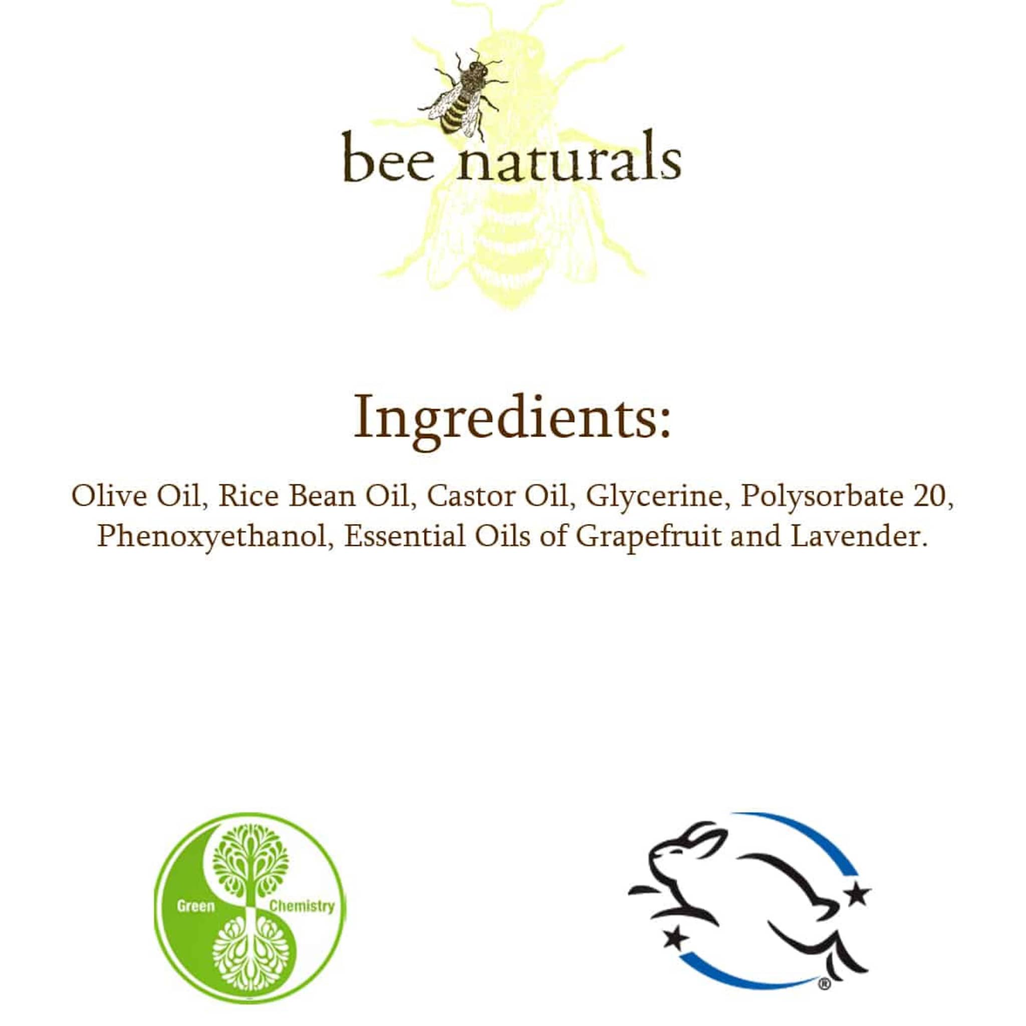 Bee naturals logo with yellow bee graphic and green chemistry logo, white background, black text