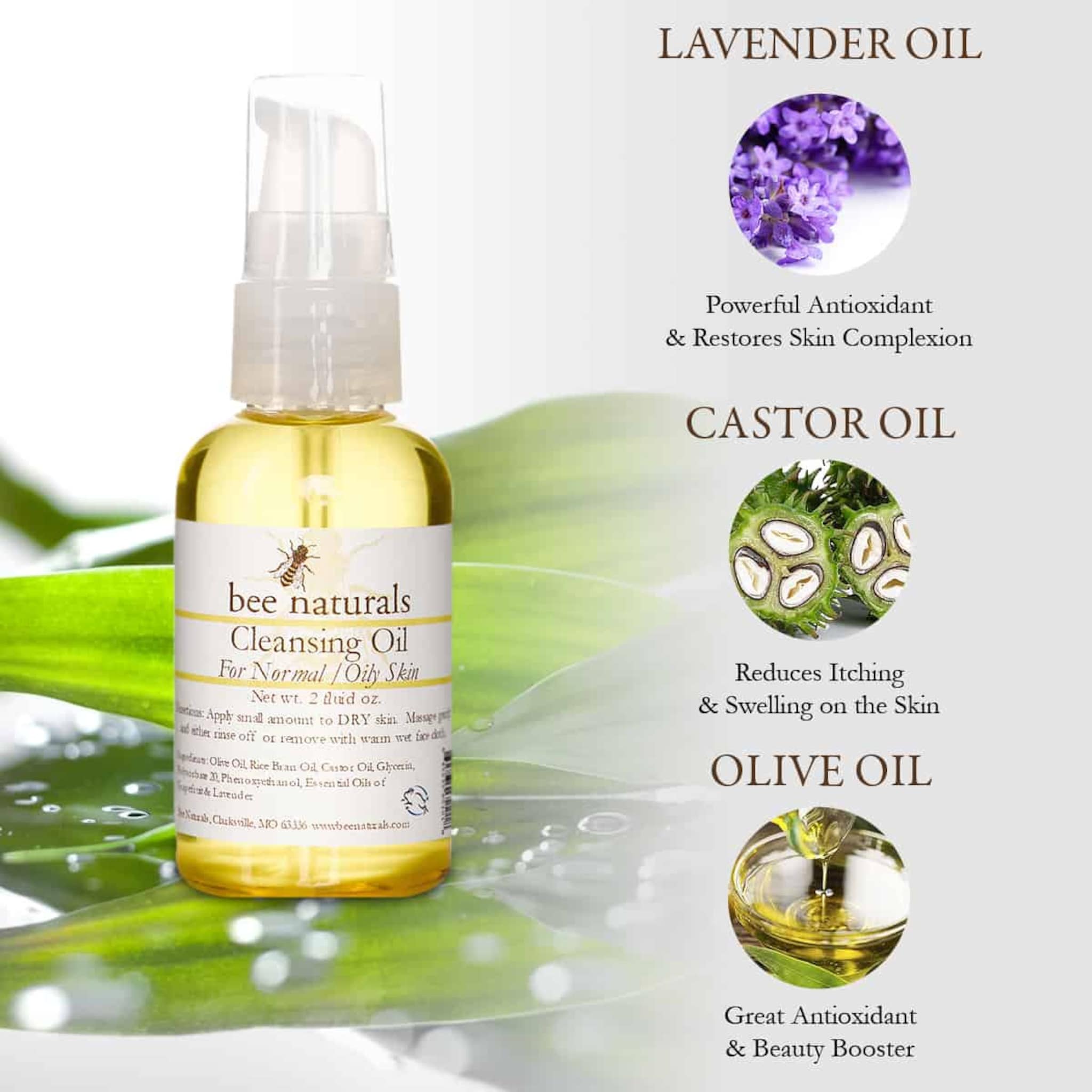 Cleansing oil bottle with yellow liquid, white label, and bee naturals brand name displayed