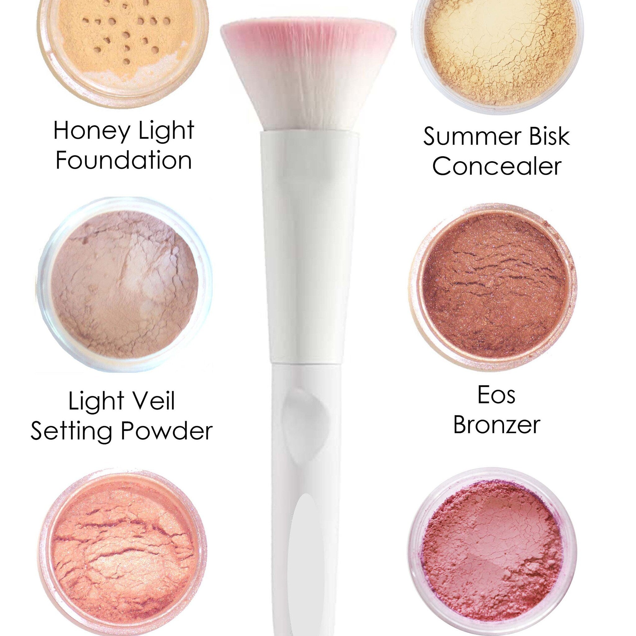 Makeup brush with white handle, pink and white bristles, and various powder colors