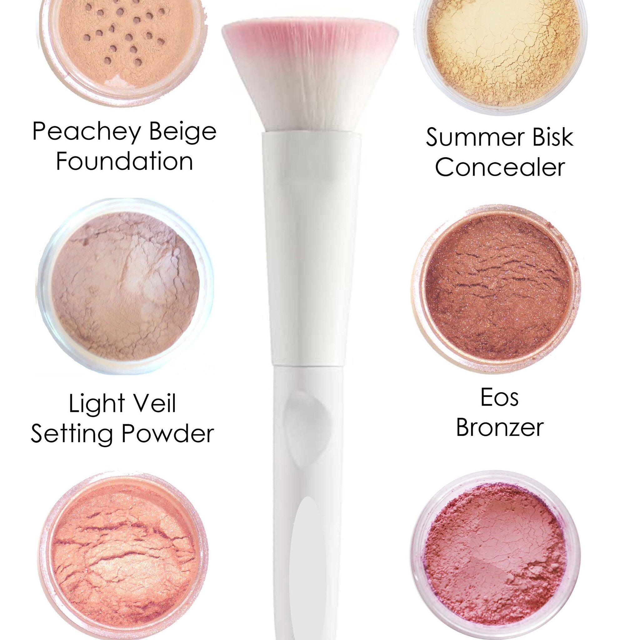 Makeup brush with white handle, pink and white bristles, and various makeup powders