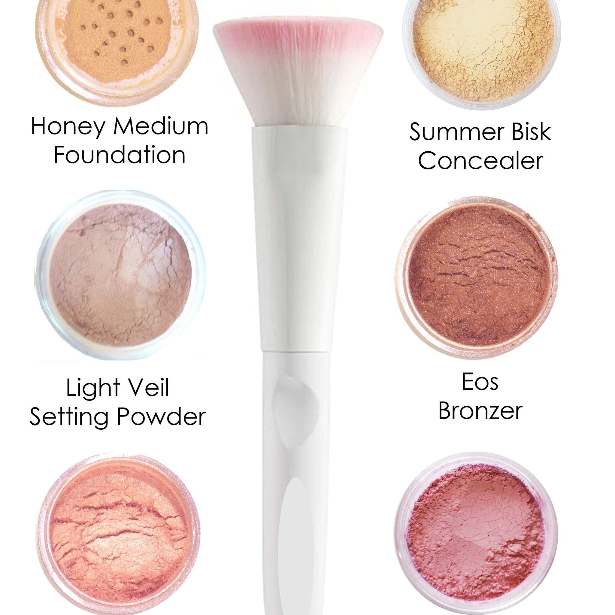 Makeup brush with white handle, pink and white bristles, and various makeup colors around it