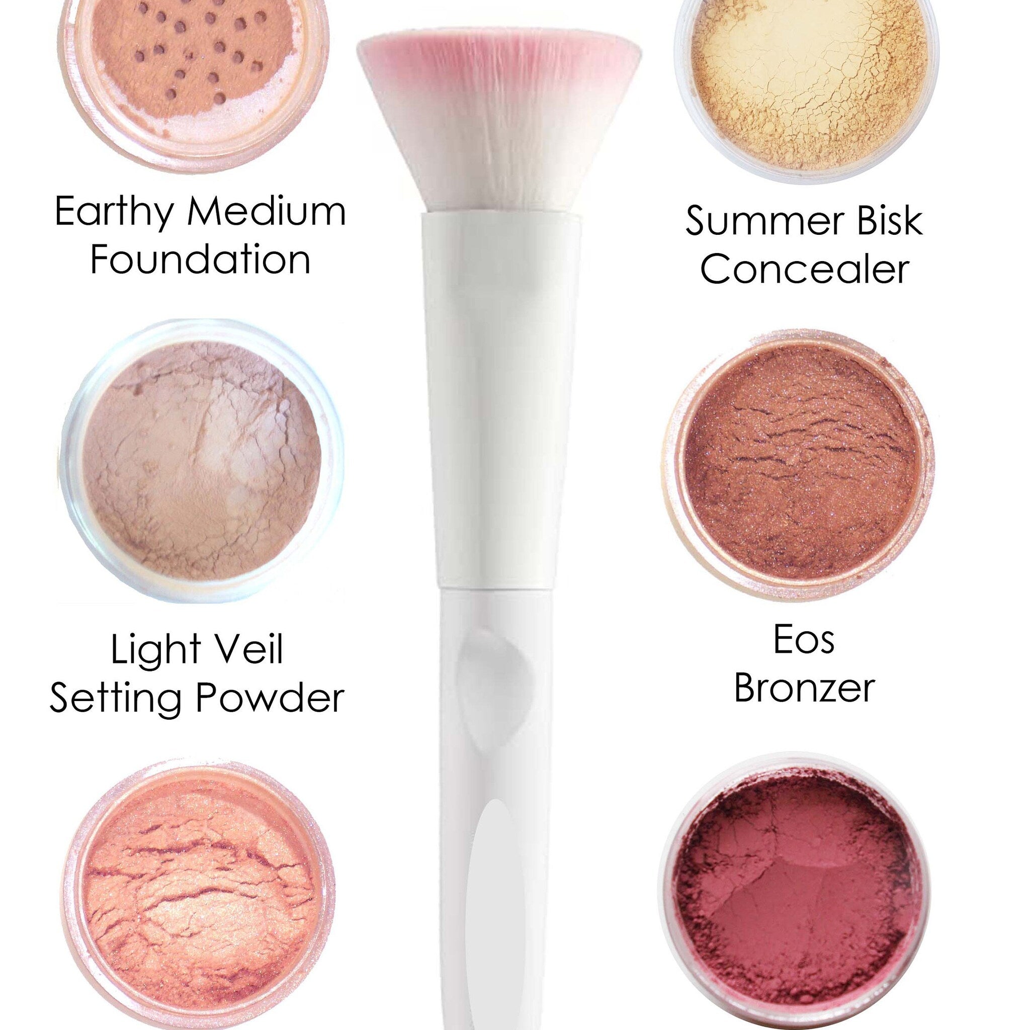 Makeup brush with white handle, pink and white bristles, used for applying makeup