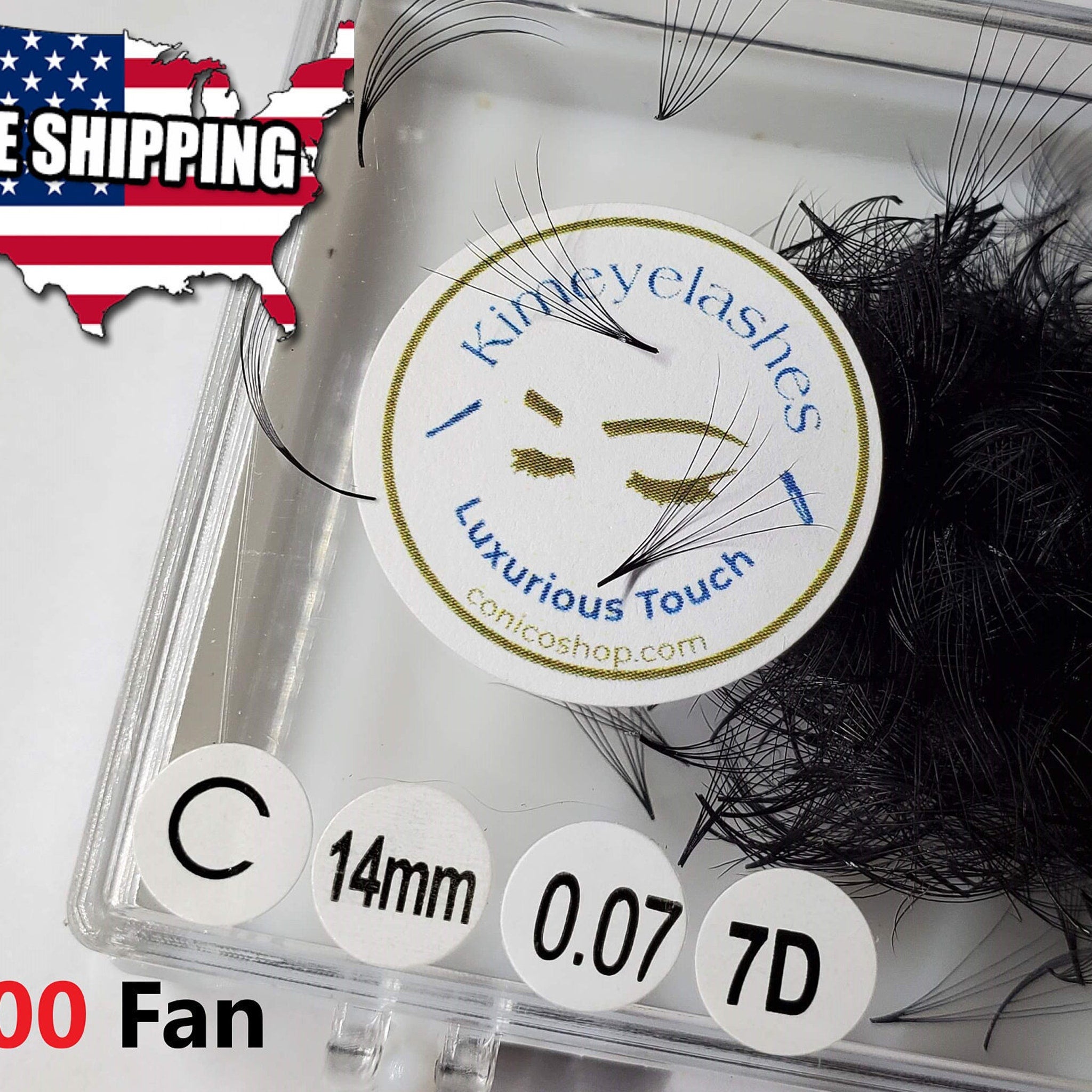 Premade eyelash fans, black, individual strands, Kimeyelashes brand, in clear container