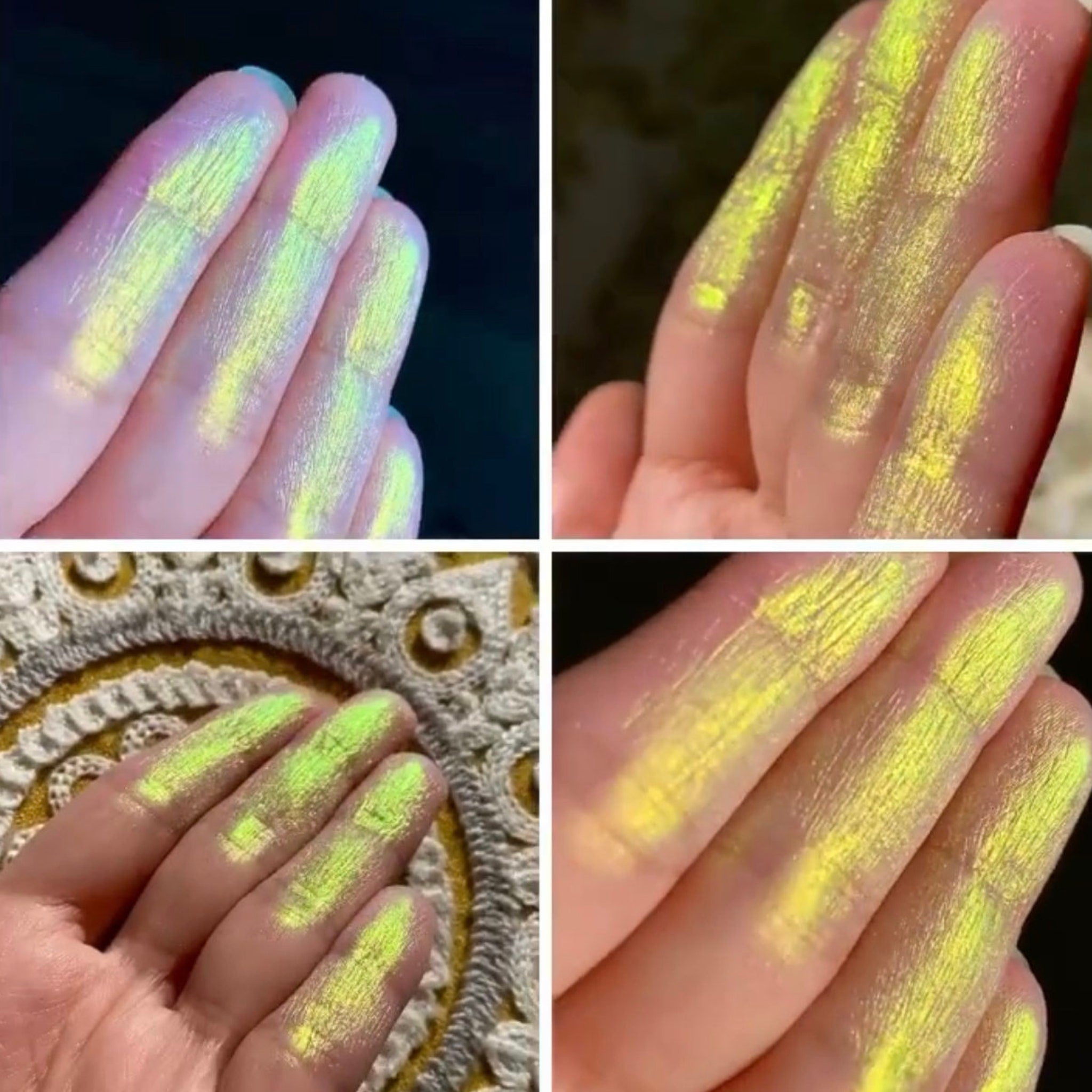 Close-up of iridescent eyeshadow pan showing shifting radioactive hues in a 26mm round compact
