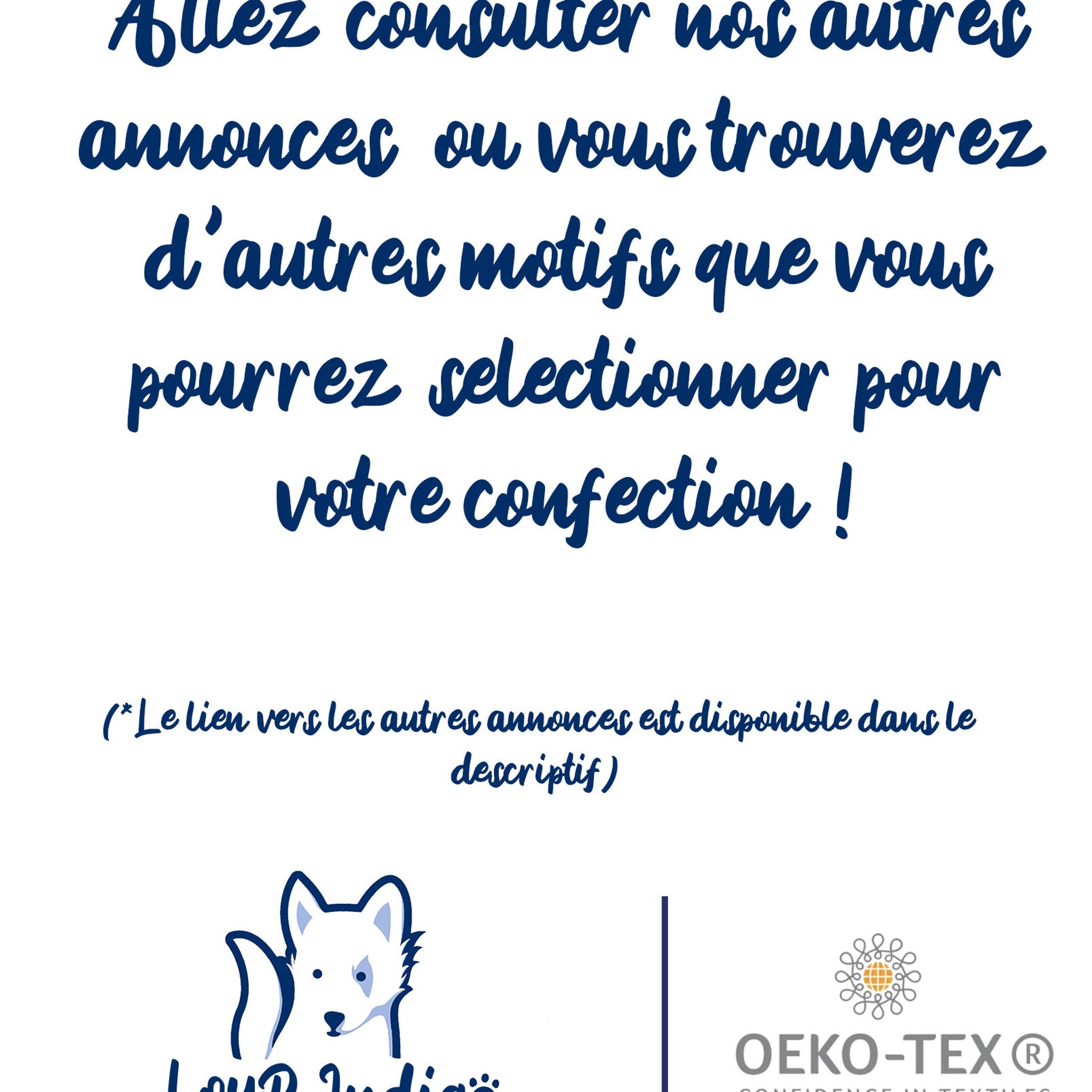 Text graphic in blue script on white background, with Loup India logo and Oeko-Tex text