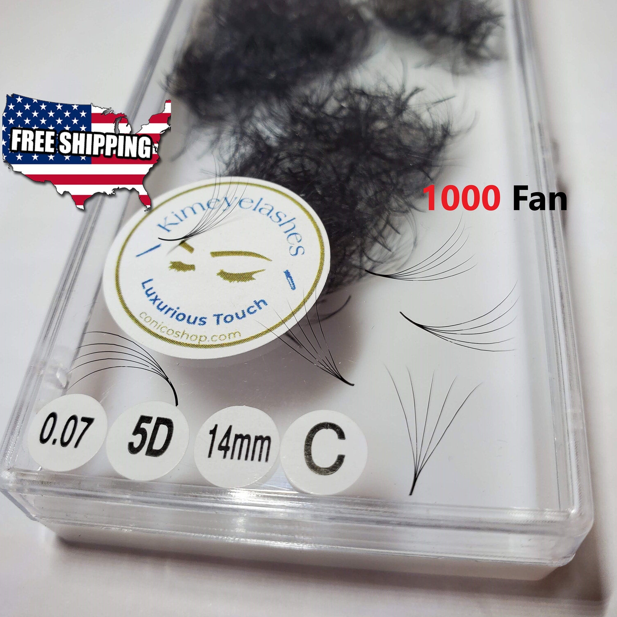 Eyelash extensions black fans in clear container with Kimeyelashes branding and text 1000 Fan visible