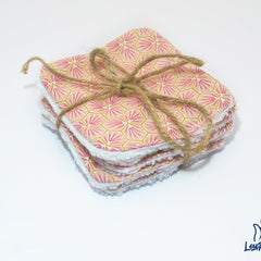 Makeup remover wipes, pink patterned cotton, white trim, tied with twine