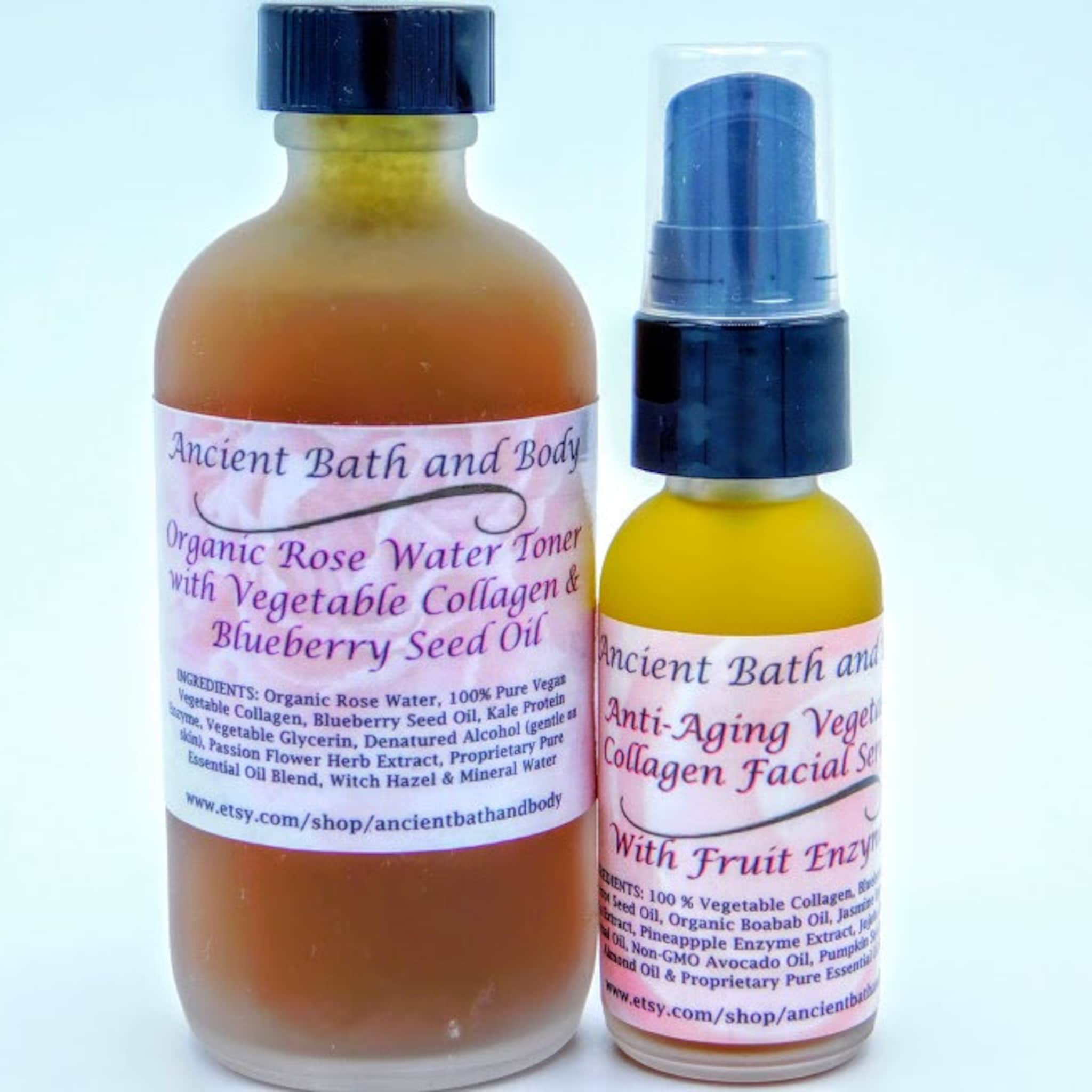 Toner and serum bottles with brown and yellow liquids, black caps, and brand labels