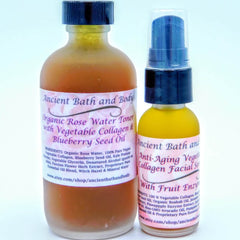 Rose Water Toner and Serum combo with brown and yellow liquid in glass bottles, Ancient Bath and Body brand