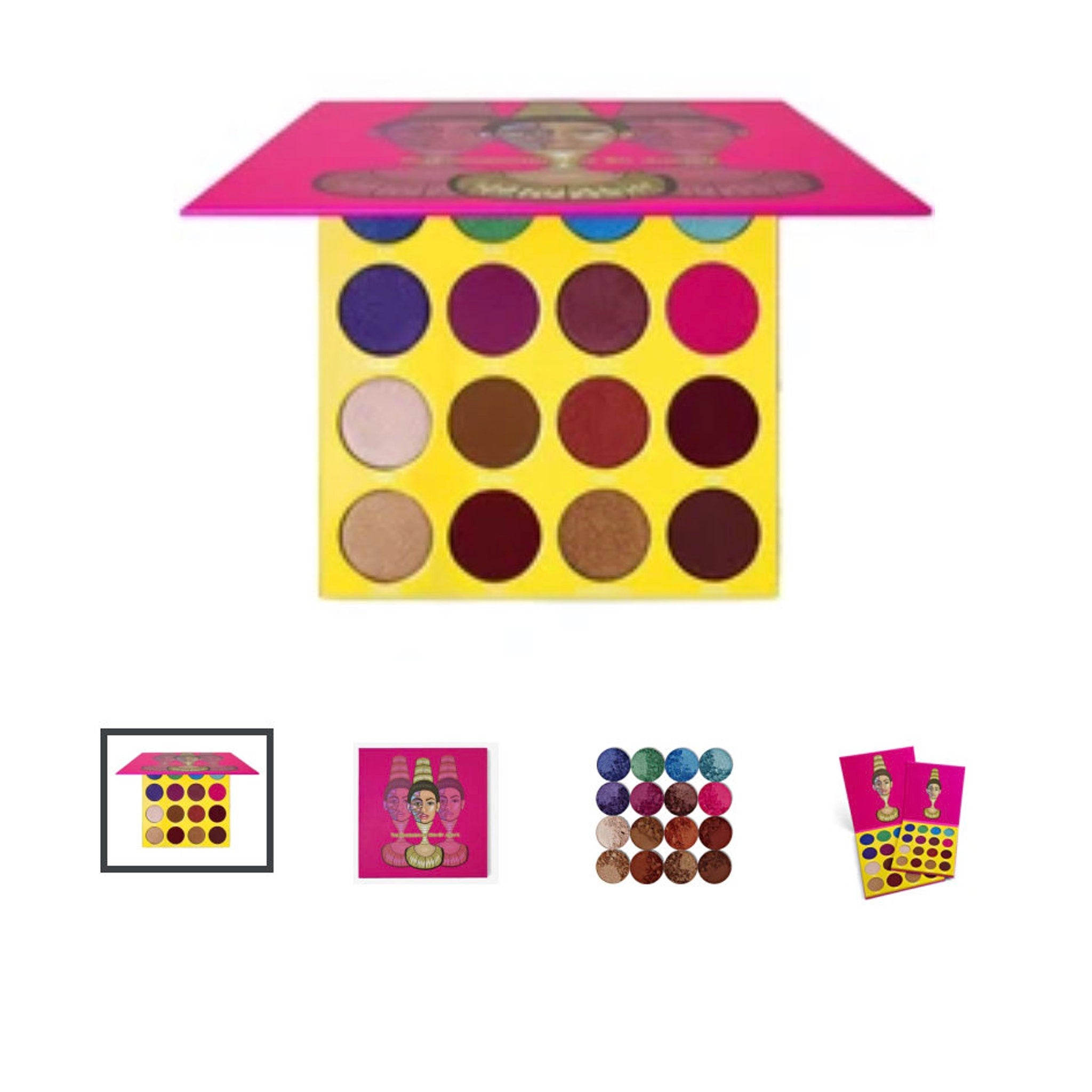 Eye makeup palette with pink, yellow, and colorful eyeshadows, Juvia's Place brand on packaging