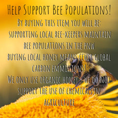 Bee population support graphic with yellow and black bee on yellow flower and text overlay