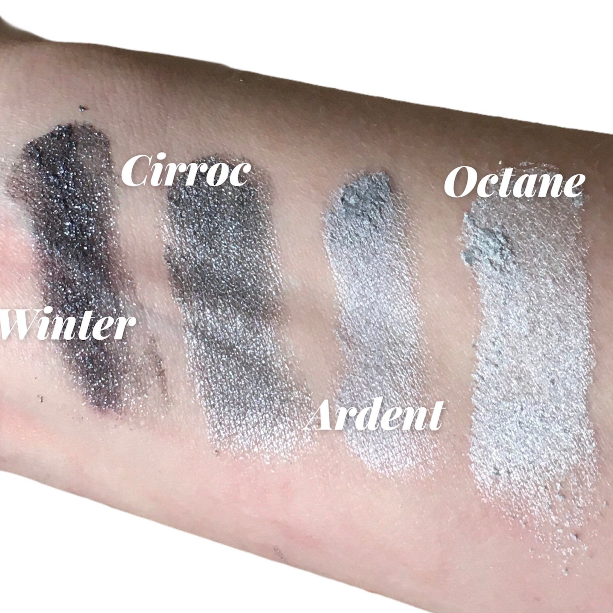 Close-up of silver shimmer eyeshadow with gray undertones in a sifter jar, showcasing glitter particles
