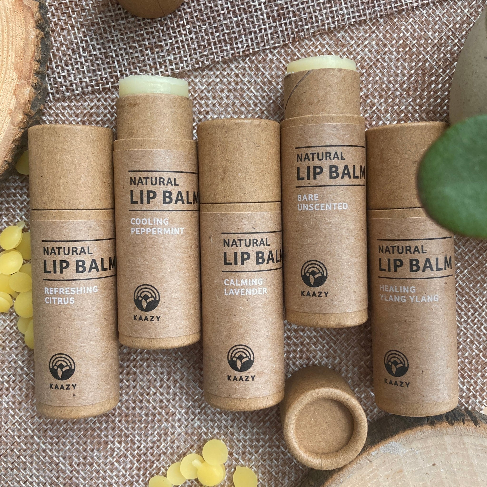 Natural lip balm tubes in brown cardboard, with visible Kaazy branding and text labels