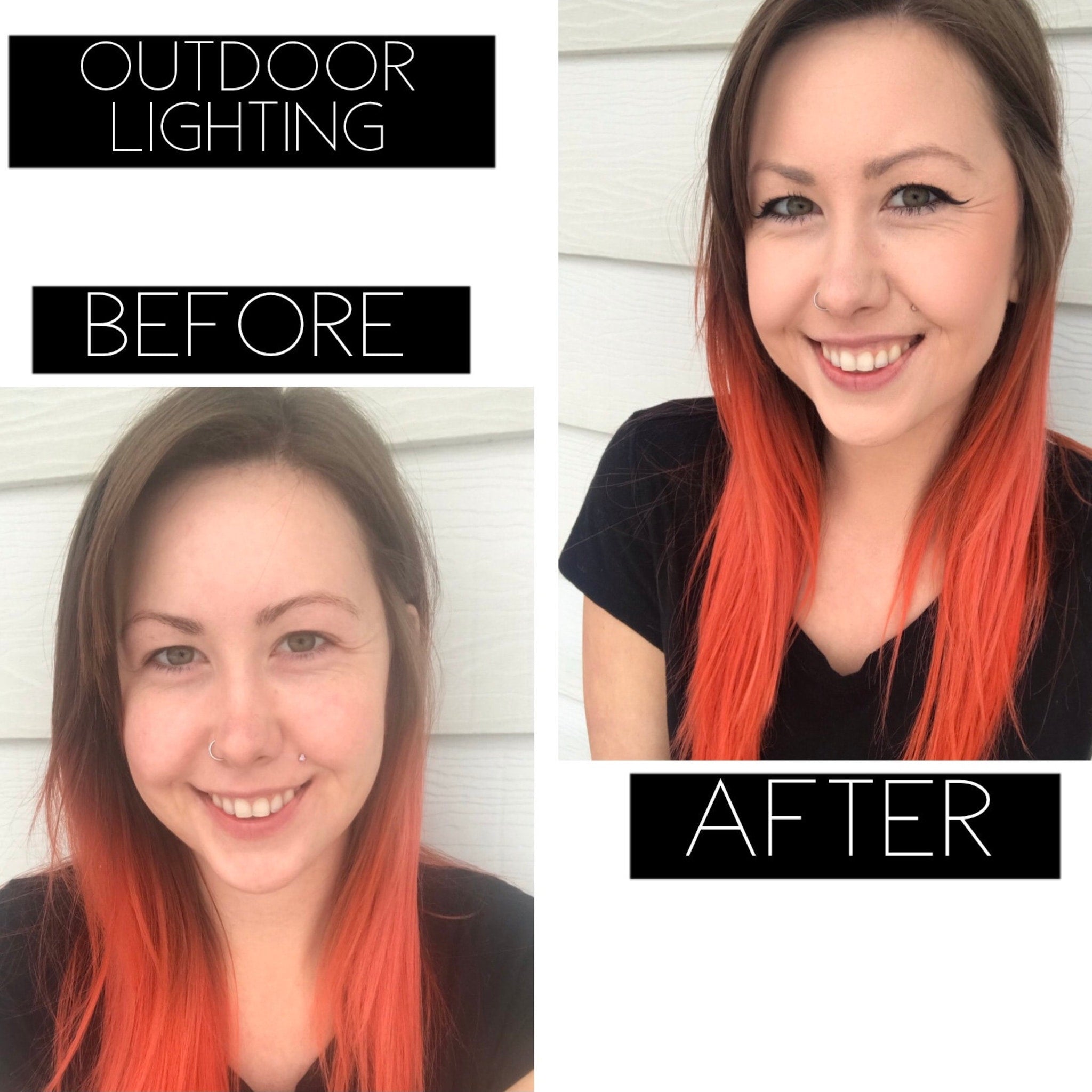 Woman with brown hair and orange highlights wearing black shirt, before and after outdoor lighting comparison