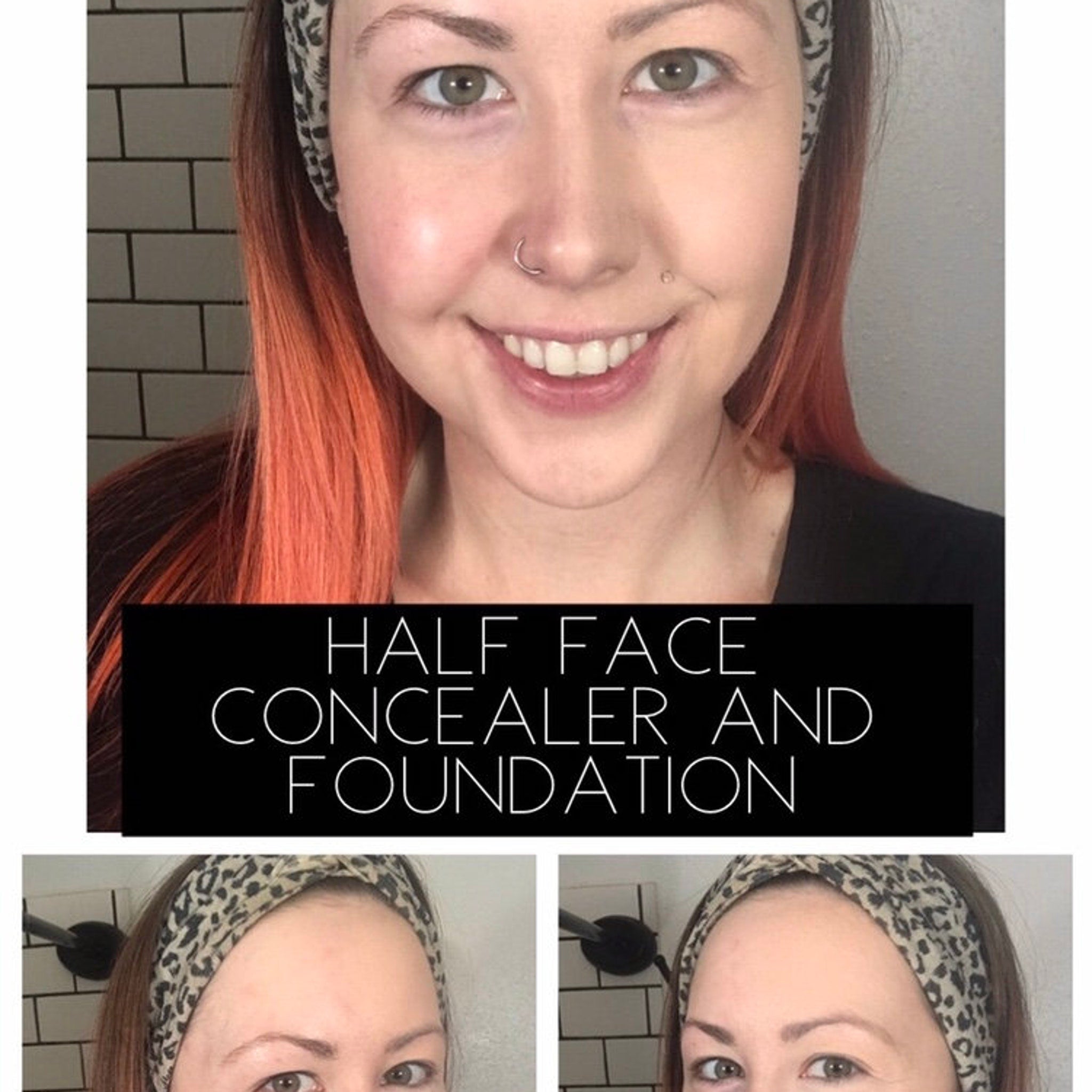 Half face application comparison, woman with orange hair and leopard print headband, Beauty by Kayla Lou text