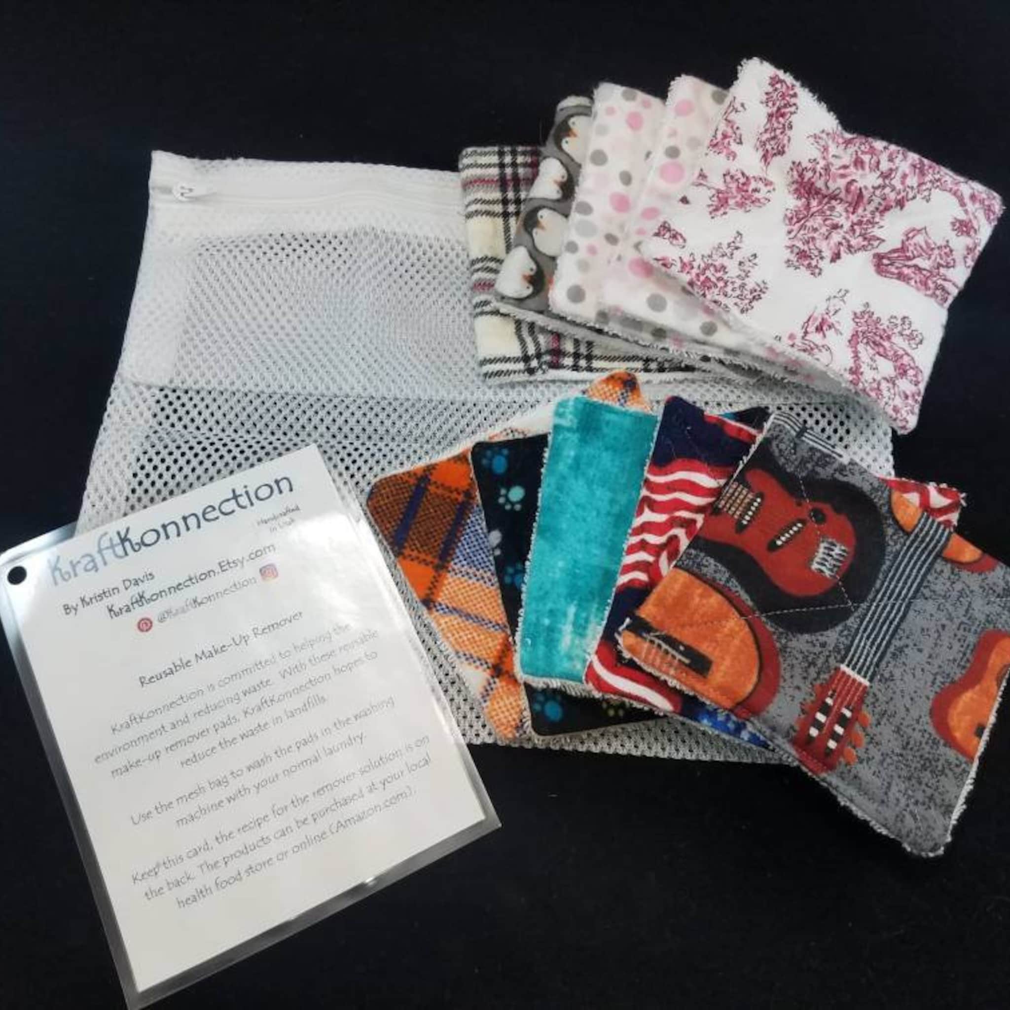 Reusable makeup remover pads in various patterns, with white mesh bag, KraftKonnection label