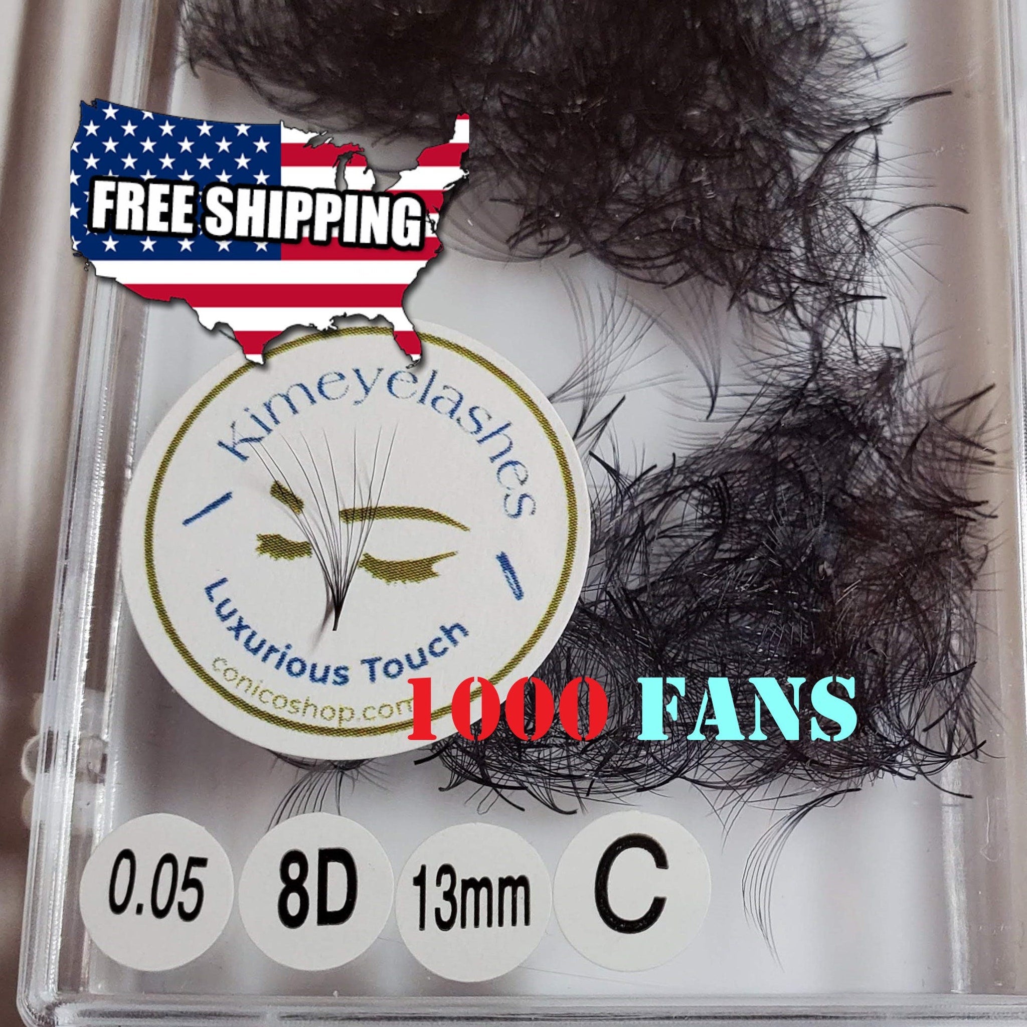 Eyelash extensions with black, clustered lashes and Kimye Lashes brand label in clear plastic packaging