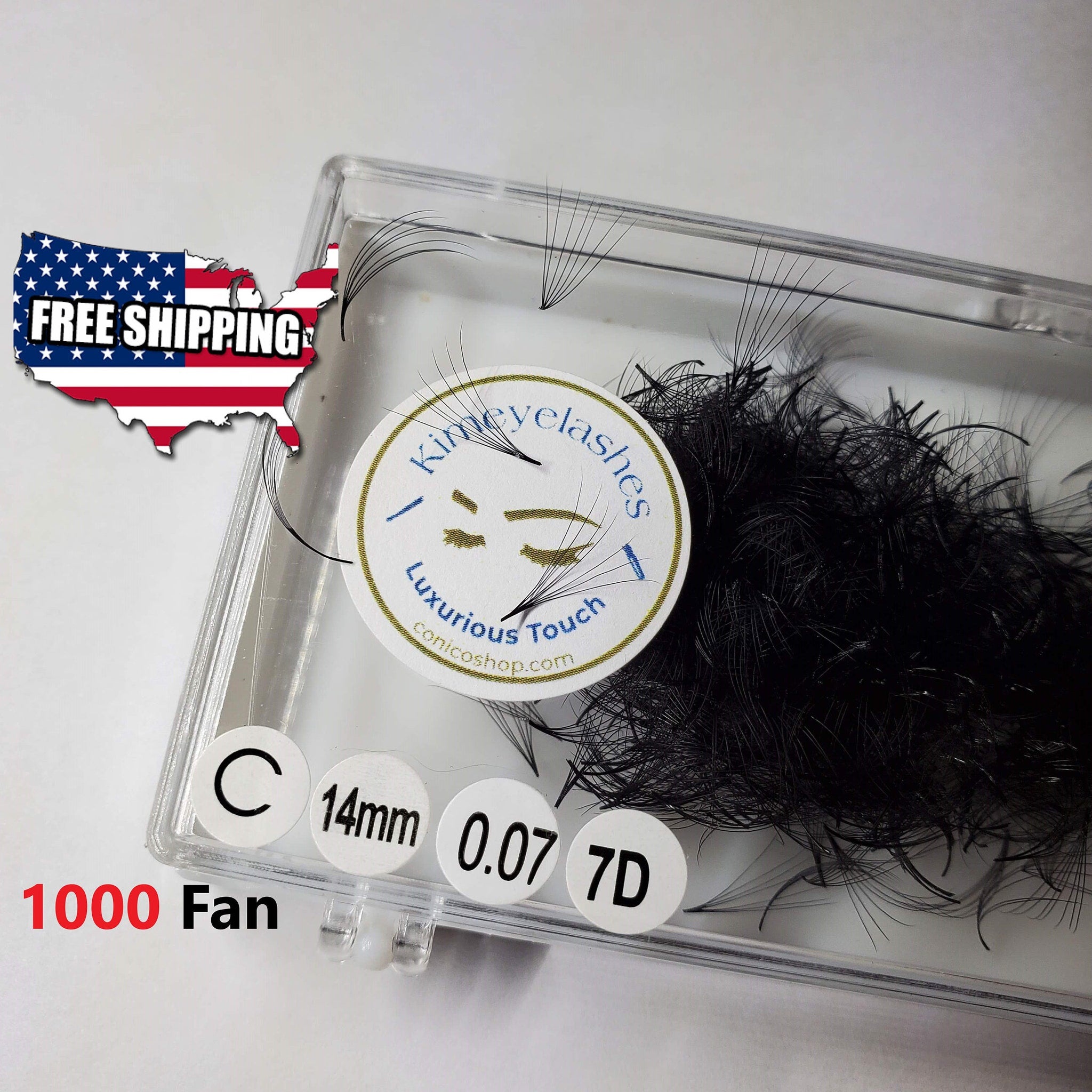 Eyelash extensions in a clear case with black lashes, Kimye Lashes label, and white labels with text.