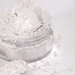 Close-up of iridescent white and pink mineral eye shadow duo with sparkling shimmer particles