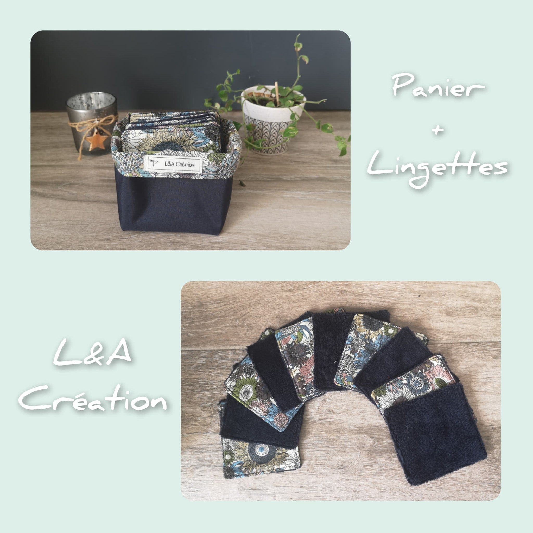 Reusable cotton pads with floral pattern, dark blue trim, and L&A Création label, on wooden surface