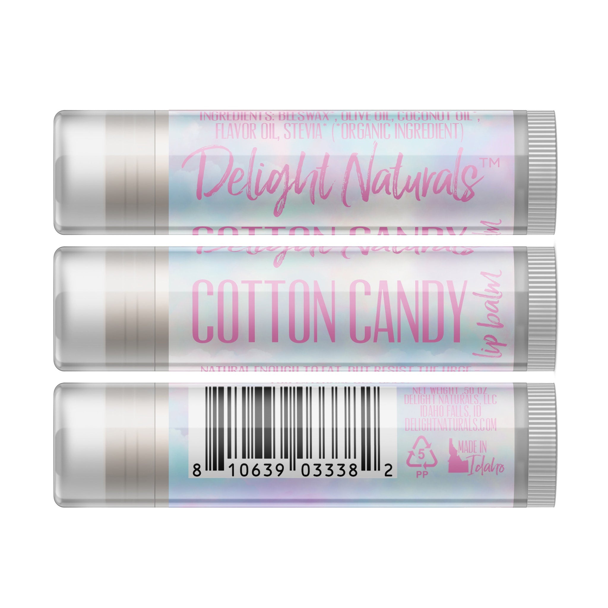 Lip balm tubes with pink "Cotton Candy" text, clear plastic, and barcode detail