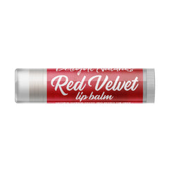 Lip balm tube with red and white label, Delight Naturals Red Velvet text visible