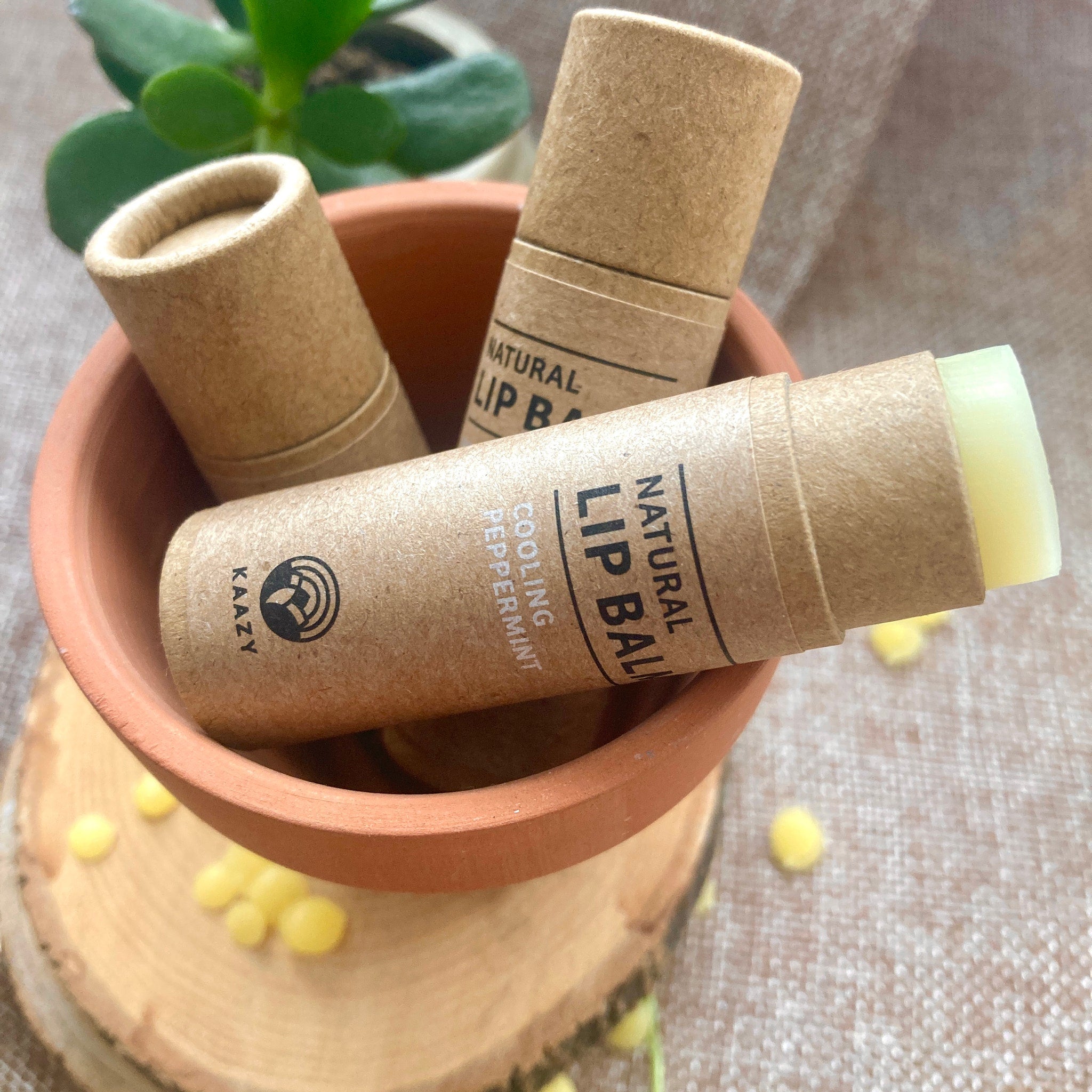 Lip balm in brown paper tubes with visible brand text, in a terracotta bowl