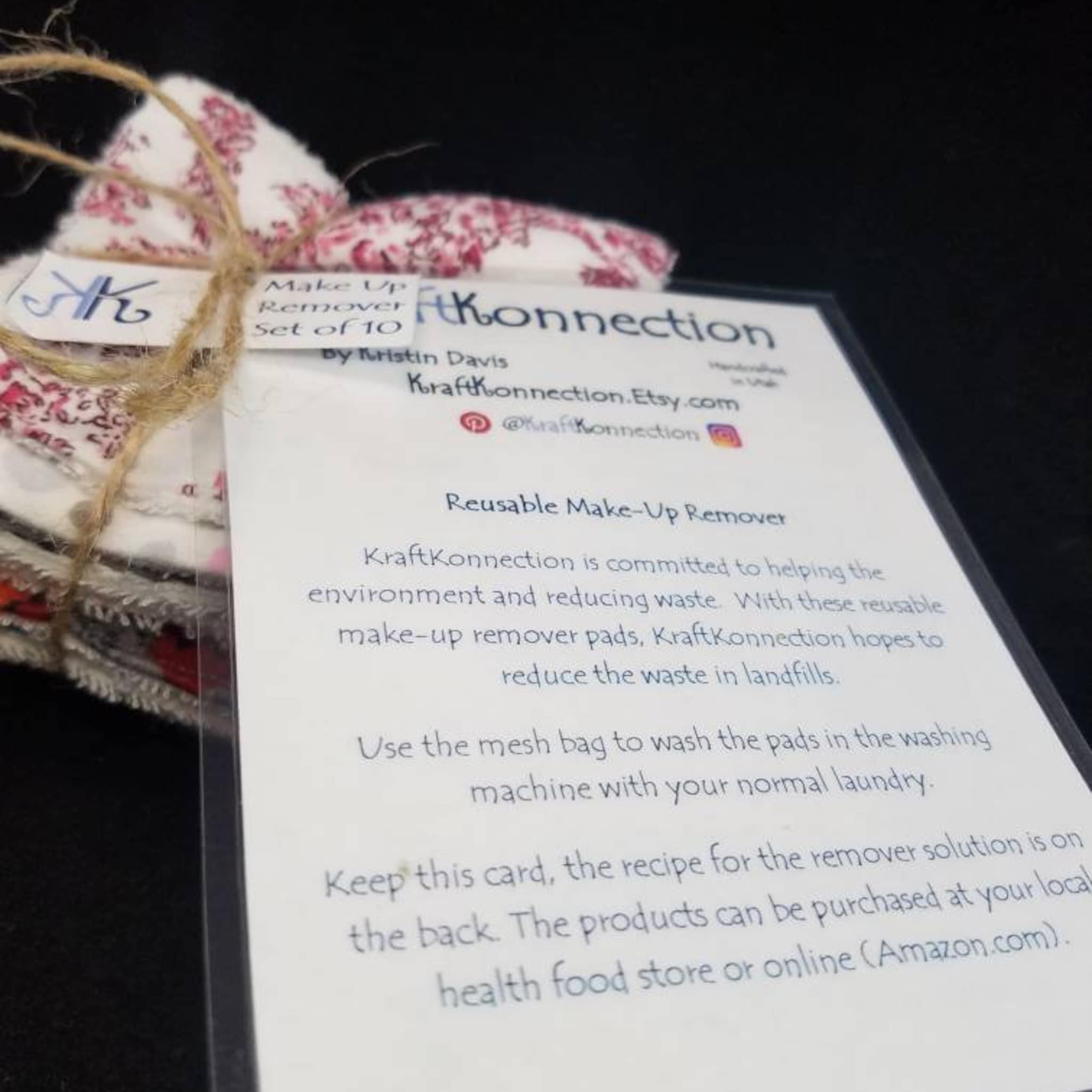 Reusable makeup remover pads with floral pattern, tied with twine, KraftKonnection brand