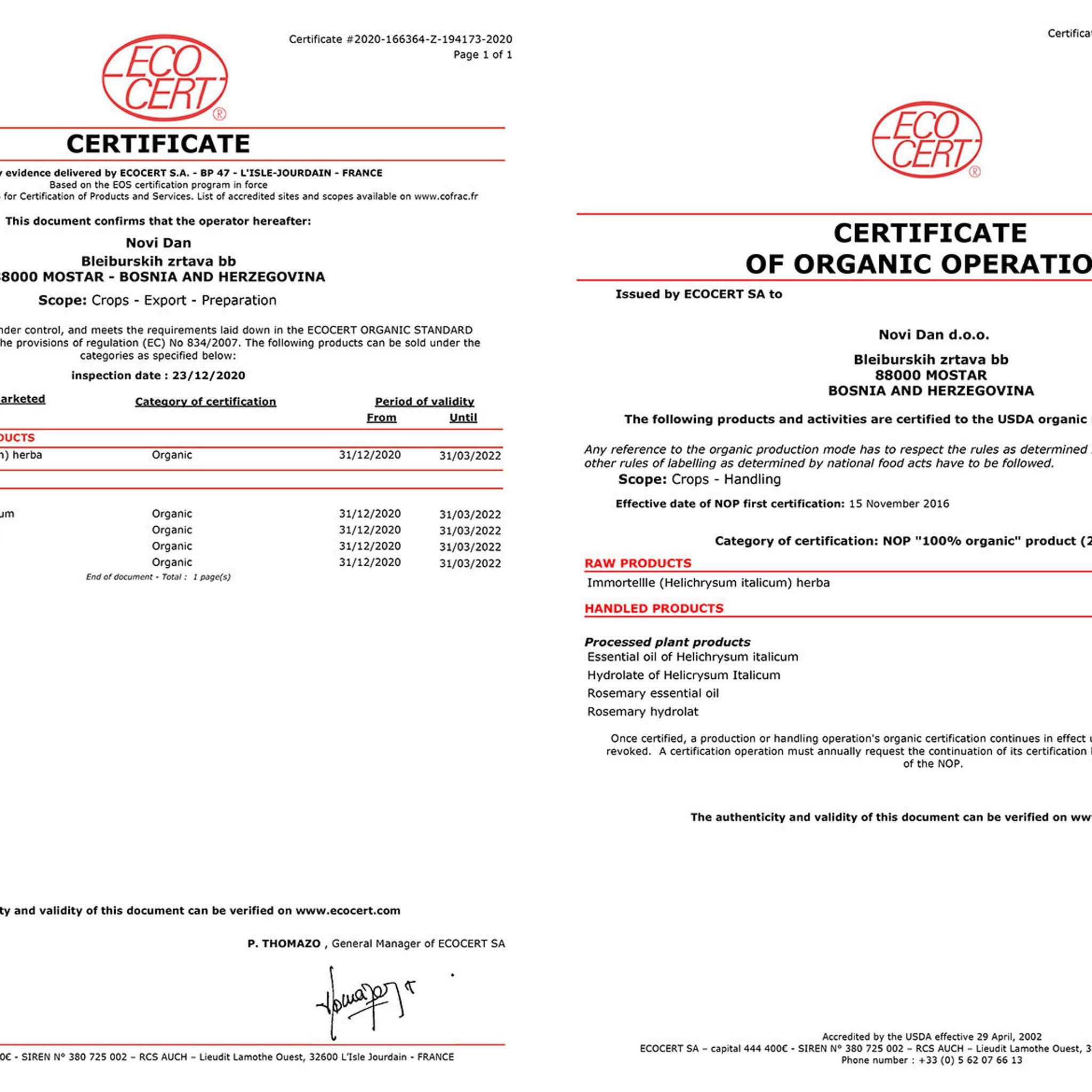 Certificate document with red and black text, and ECOCERT logo, used for certification.