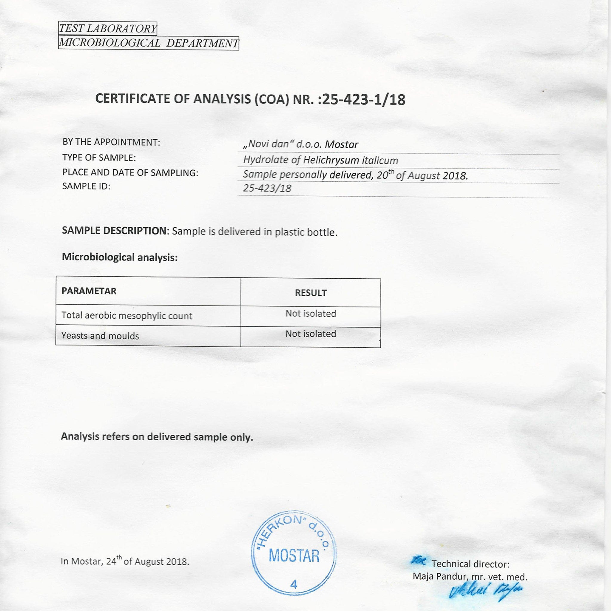 Certificate document with black text, blue stamp, and white background, for analysis results.