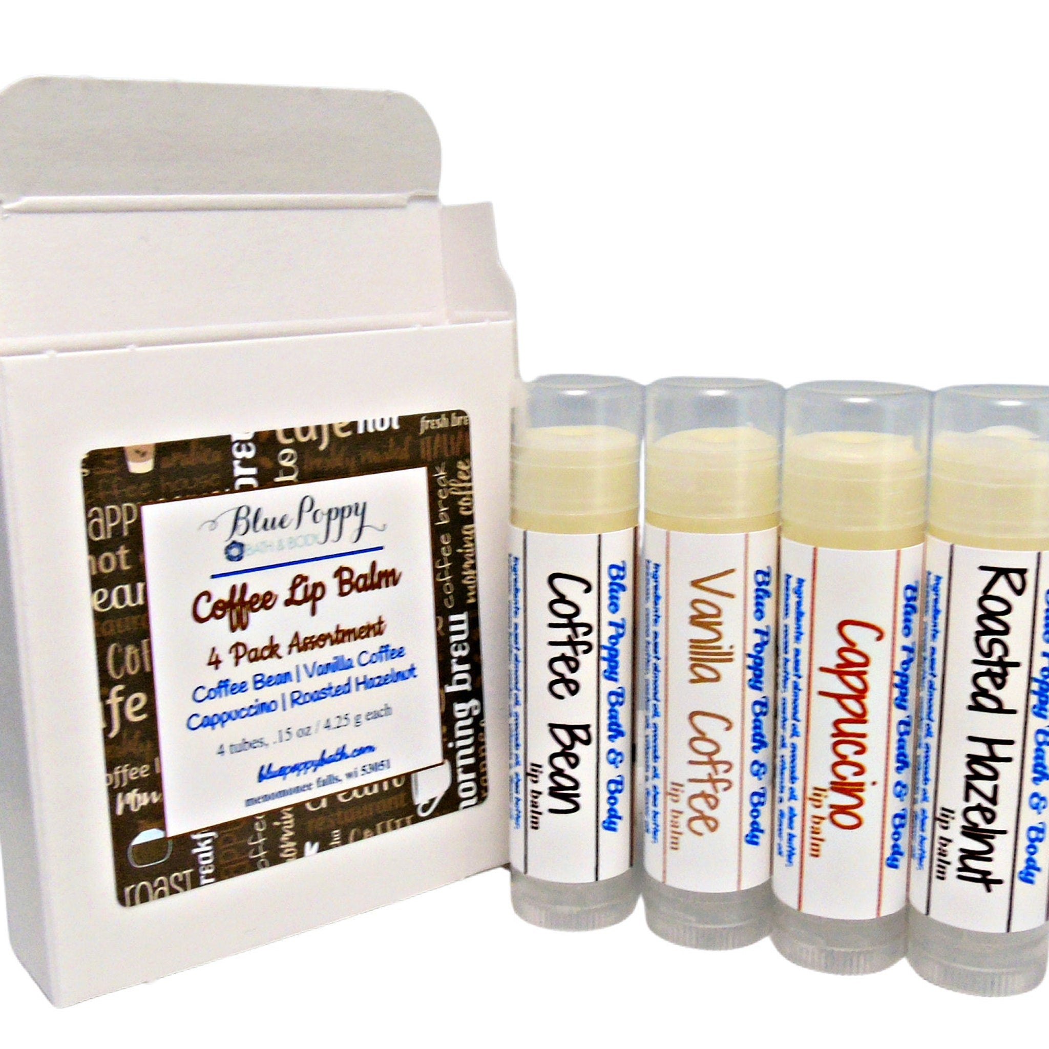 Coffee Lip Balm assortment with white box, clear tubes, and Blue Poppy Bath & Body labels
