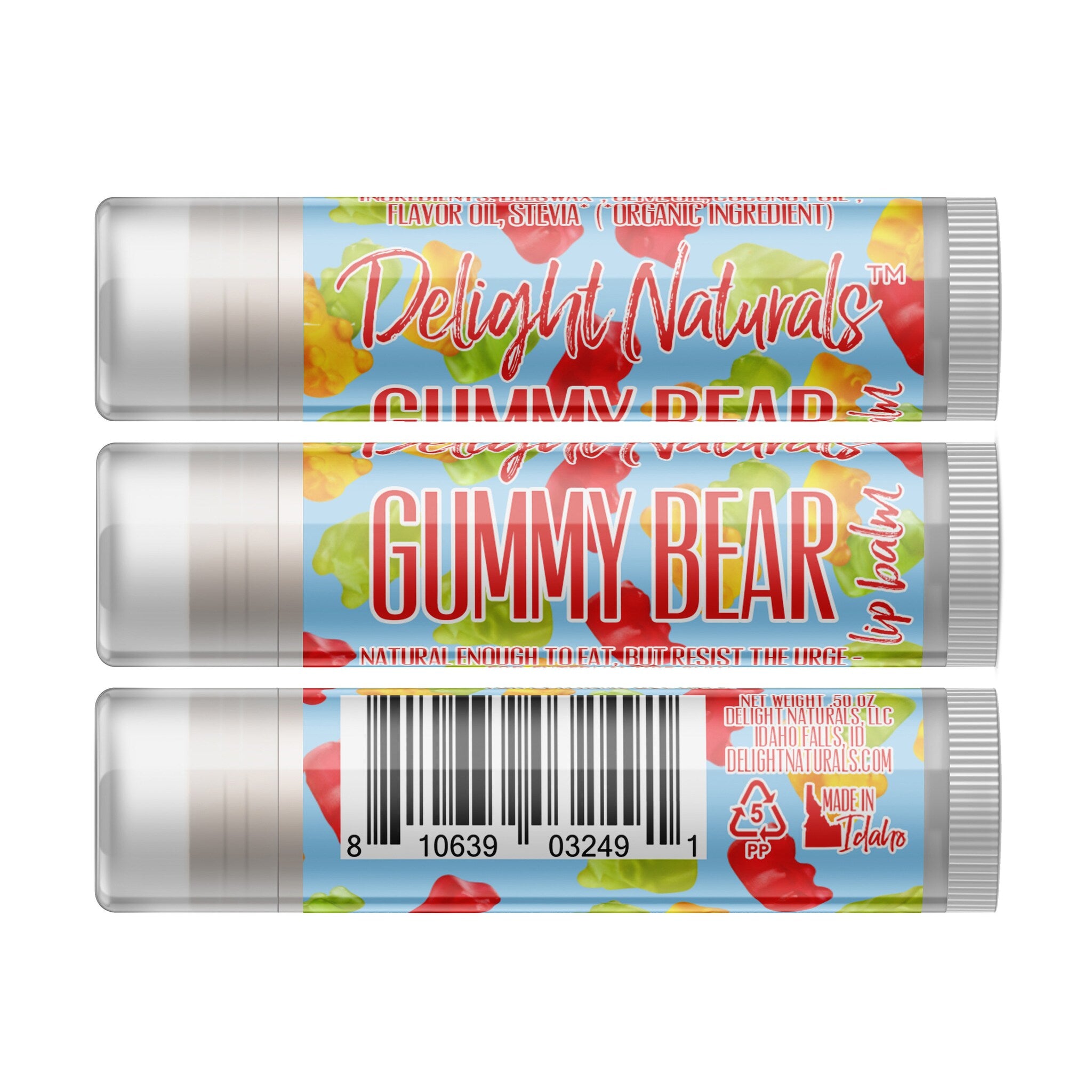 Lip balm with blue background, gummy bear pattern, and Delight Naturals branding.