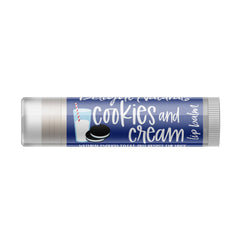 Lip balm tube with blue, white, and gray design, Delight Naturals brand, cookies and cream flavor