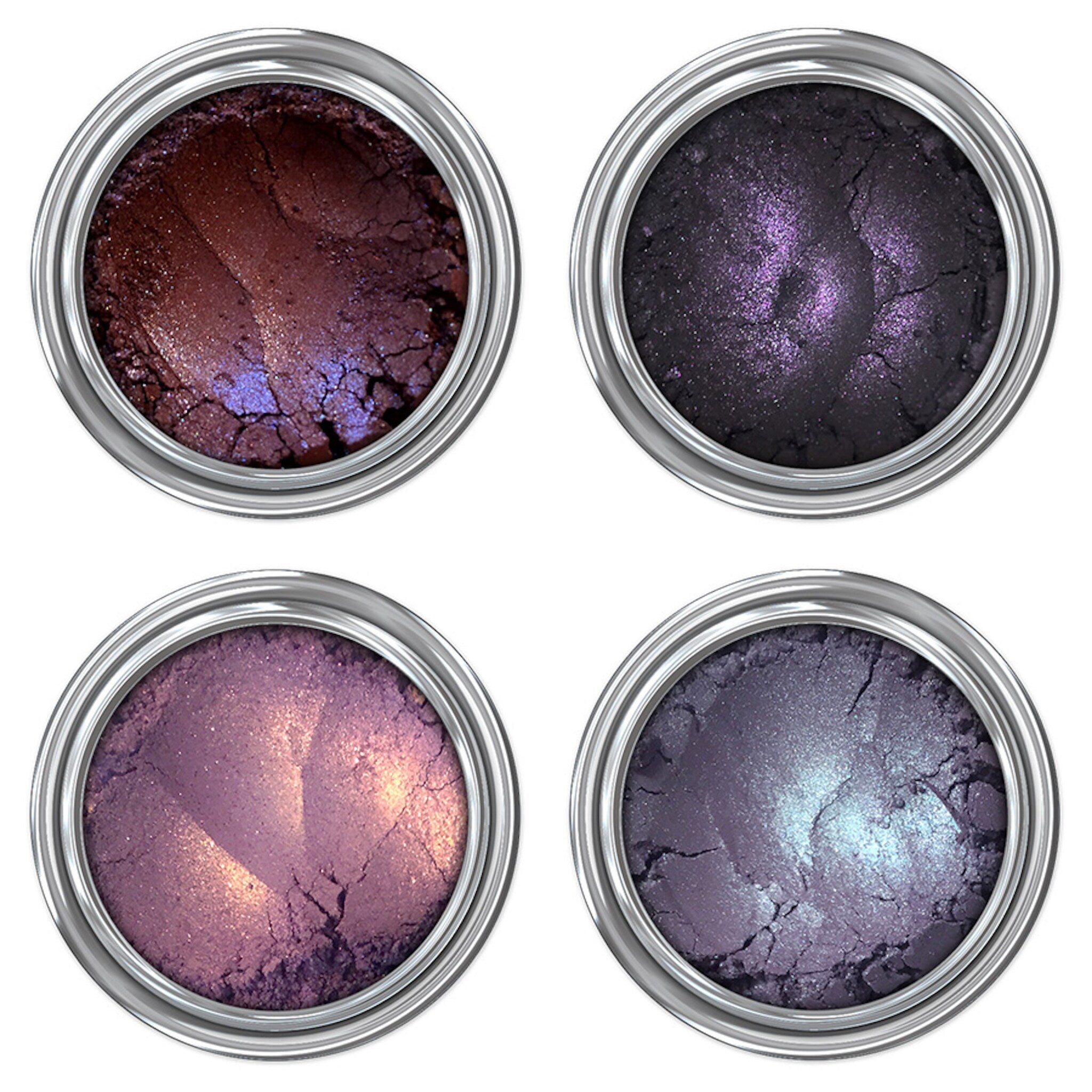 Black matte mineral eyeshadow pot with sleek silver lid on a neutral background