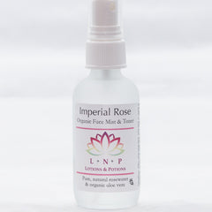Facial toner spray bottle, white plastic, "Imperial Rose" label, "Lotions & Potions" brand