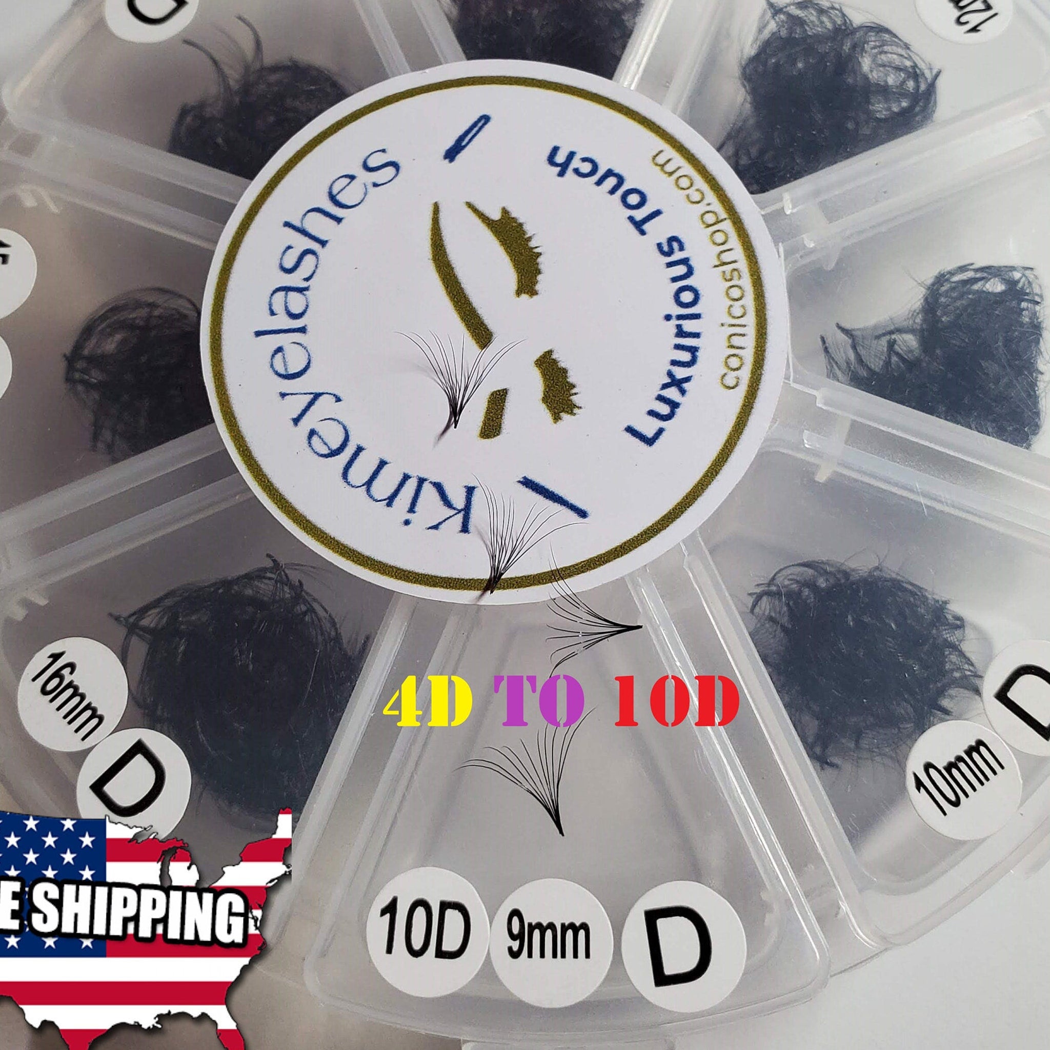 Eyelash extensions in black, with clear plastic packaging, and Kimeyelashes branding visible