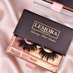 Mink Lashes, black fluffy style, in Lemora Cosmetics box with pink ribbon