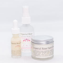 Face care products in glass bottles and jar, with Imperial Rose label and silver lids
