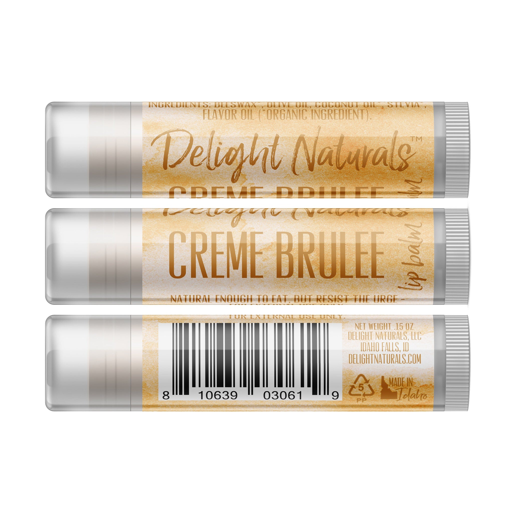 Lip balm tubes with white, tan, and brown label, Delight Naturals Creme Brulee flavor