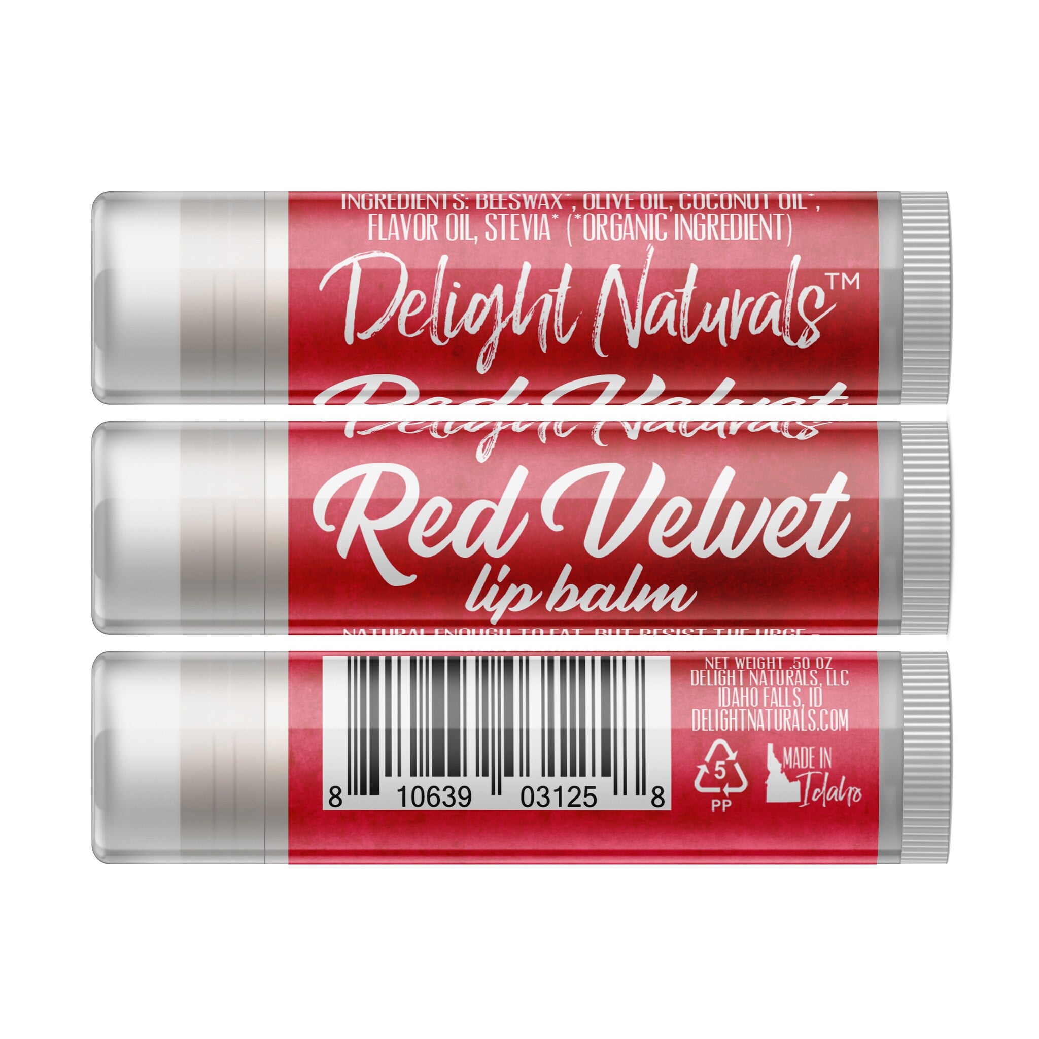 Lip balm tube with red and white label, Delight Naturals text, and barcode