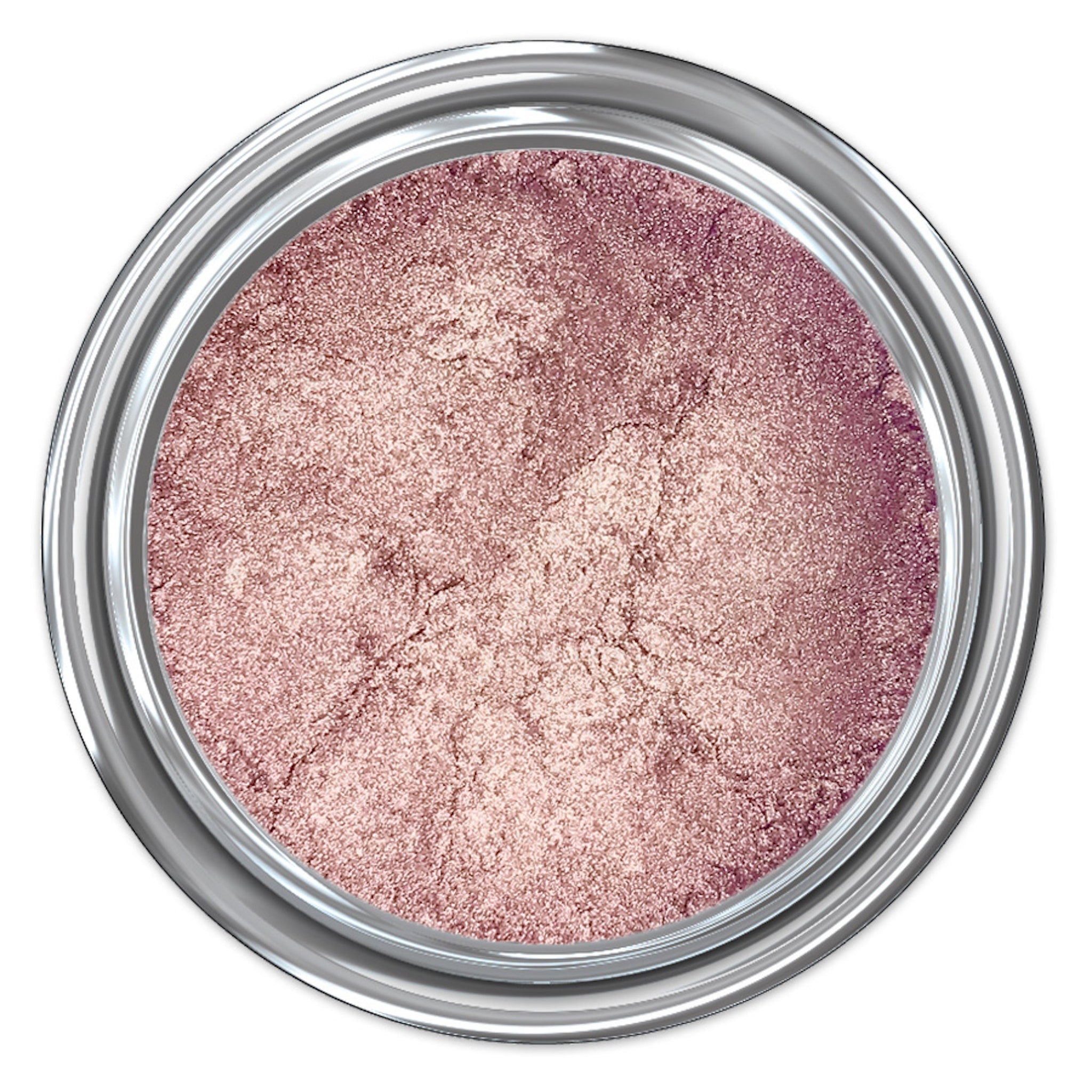 Pink eyeshadow with metallic sheen in a silver container