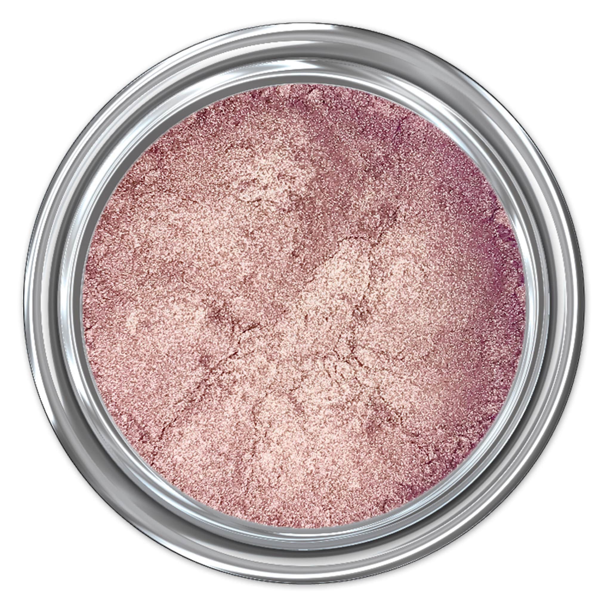 Eyeshadow powder in metallic pink with silver container and textured surface.