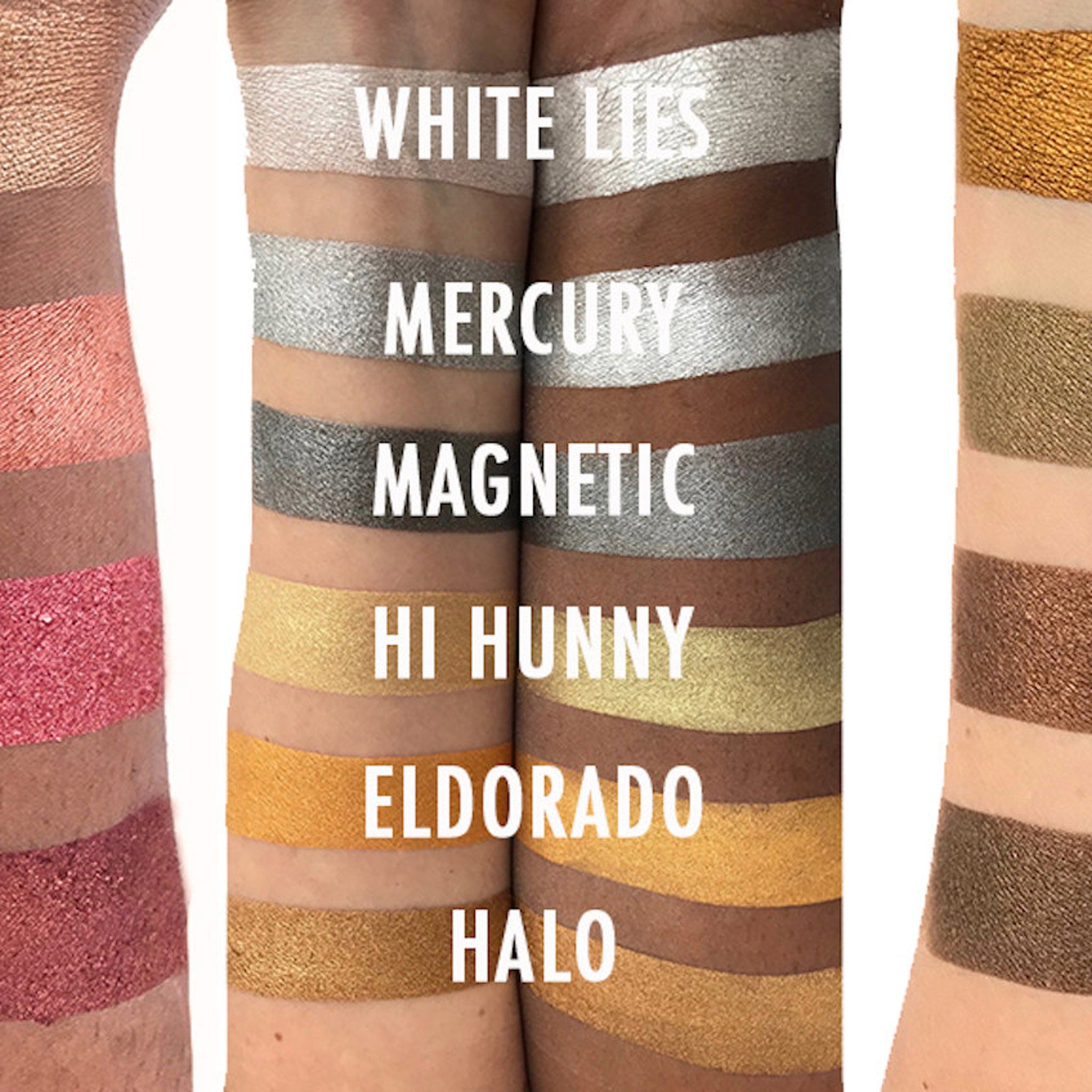 Eyeshadow swatches in silver, gold, and brown on arms with text labels "White Lies", "Mercury", "Magnetic